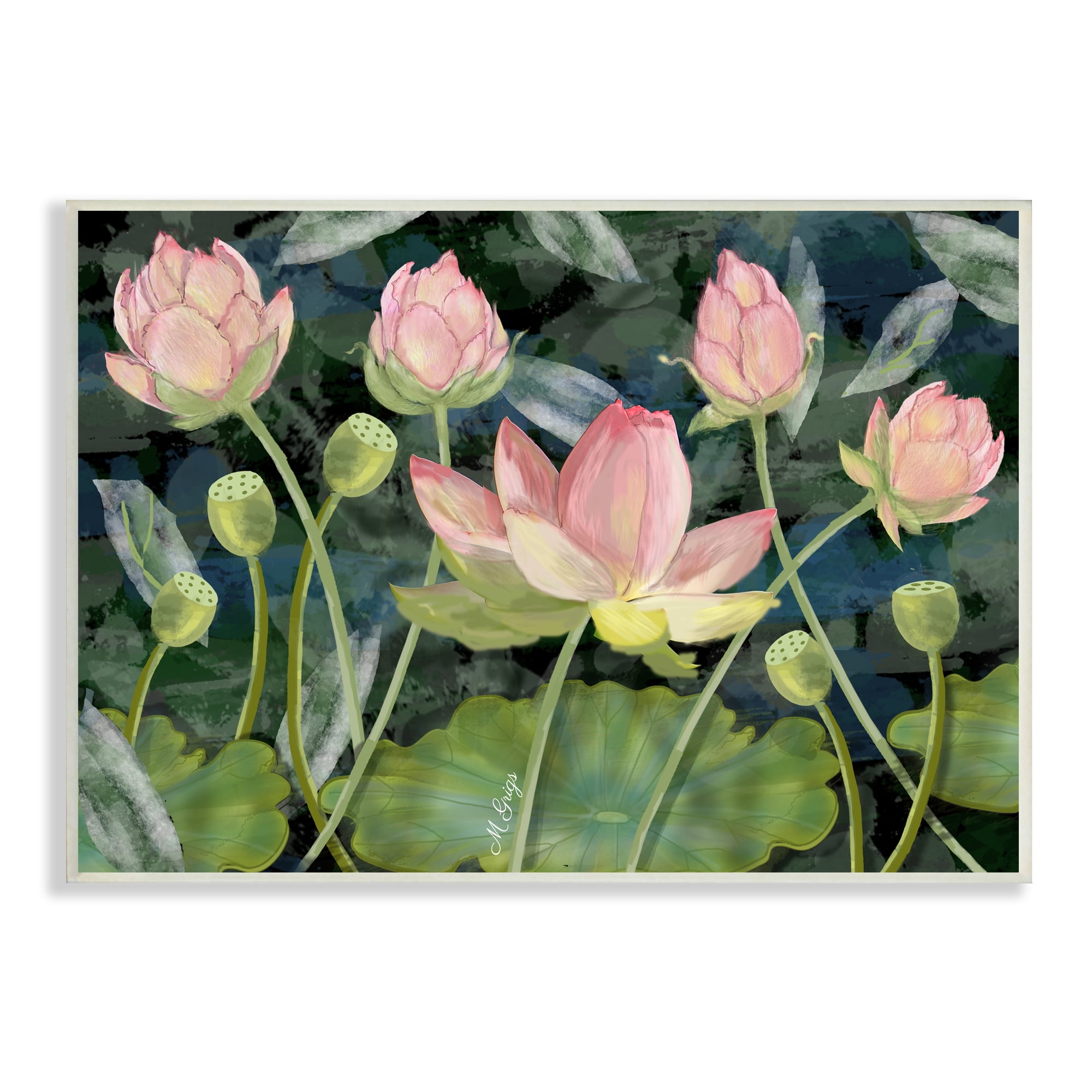 Stupell Industries Pink Lotus Flowers and Lily Pad Pond Botanical & Floral Painting Unframed Art Print Wall Art, 13 x 19