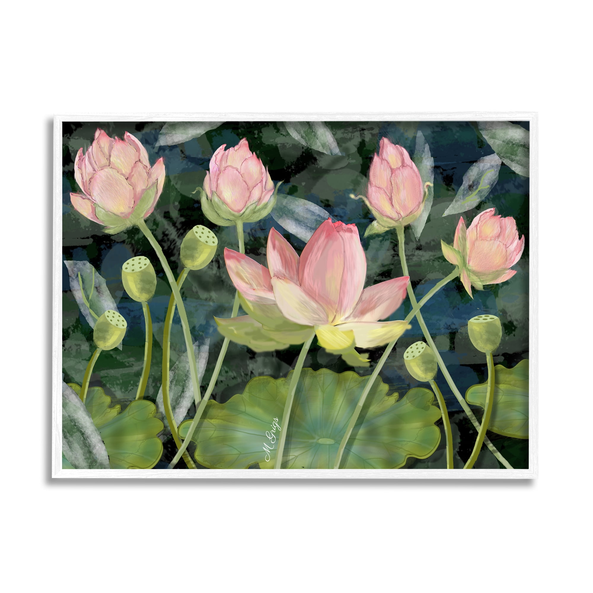 Stupell Industries Pink Lotus Flowers and Lily Pad Pond Botanical & Floral Painting White Framed Art Print Wall Art, 16 x 20