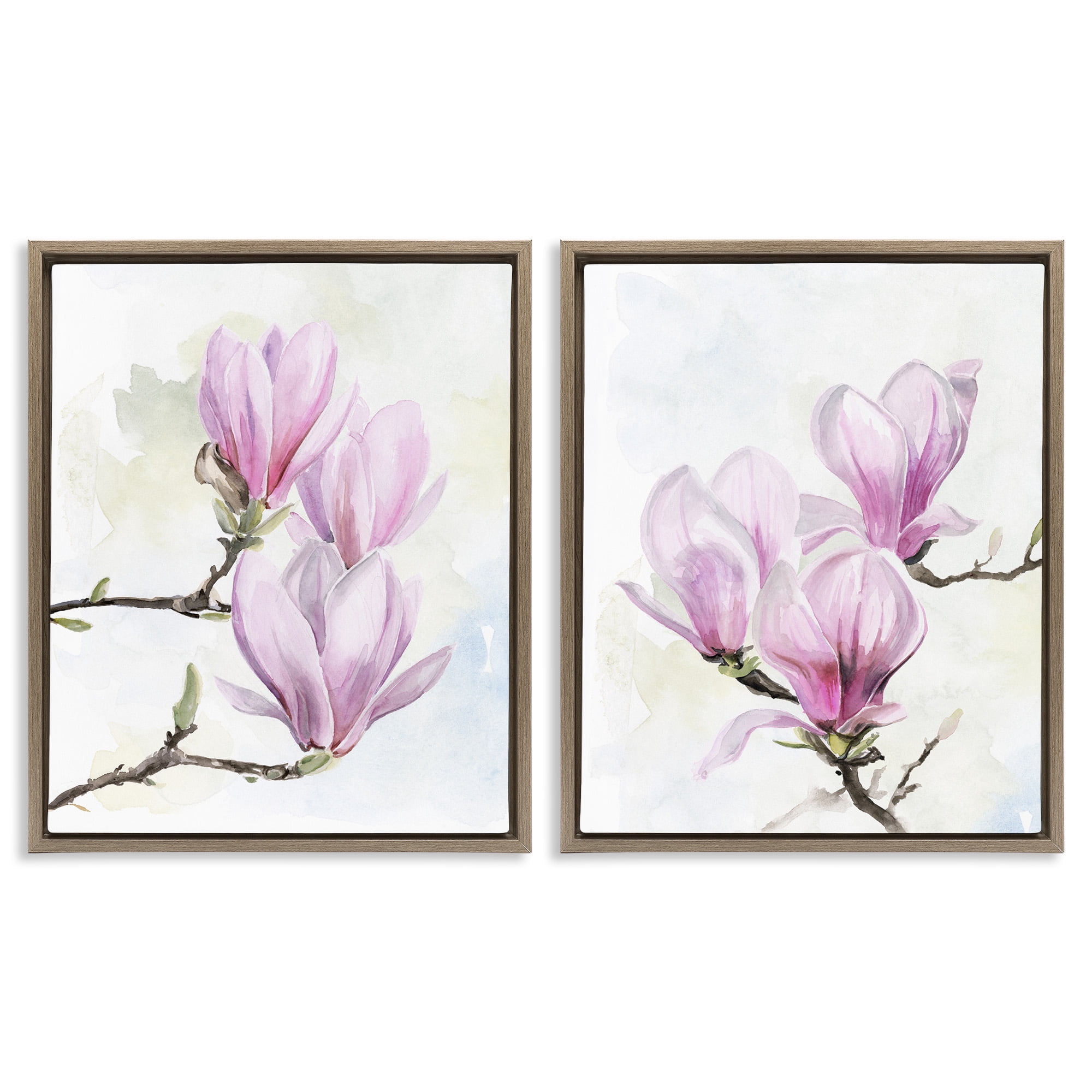 Stupell Industries Pink Magnolia Flower Blossoms Botanical & Floral Painting Brown Floater Framed Canvas Art Print Wall Art, 25 x 31, Set of 2