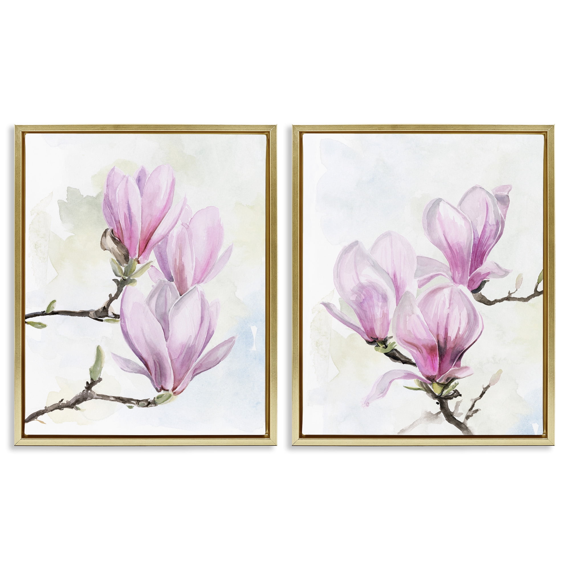 Stupell Industries Pink Magnolia Flower Blossoms Botanical & Floral Painting Gold Floater Framed Canvas Art Print Wall Art, 25 x 31, Set of 2