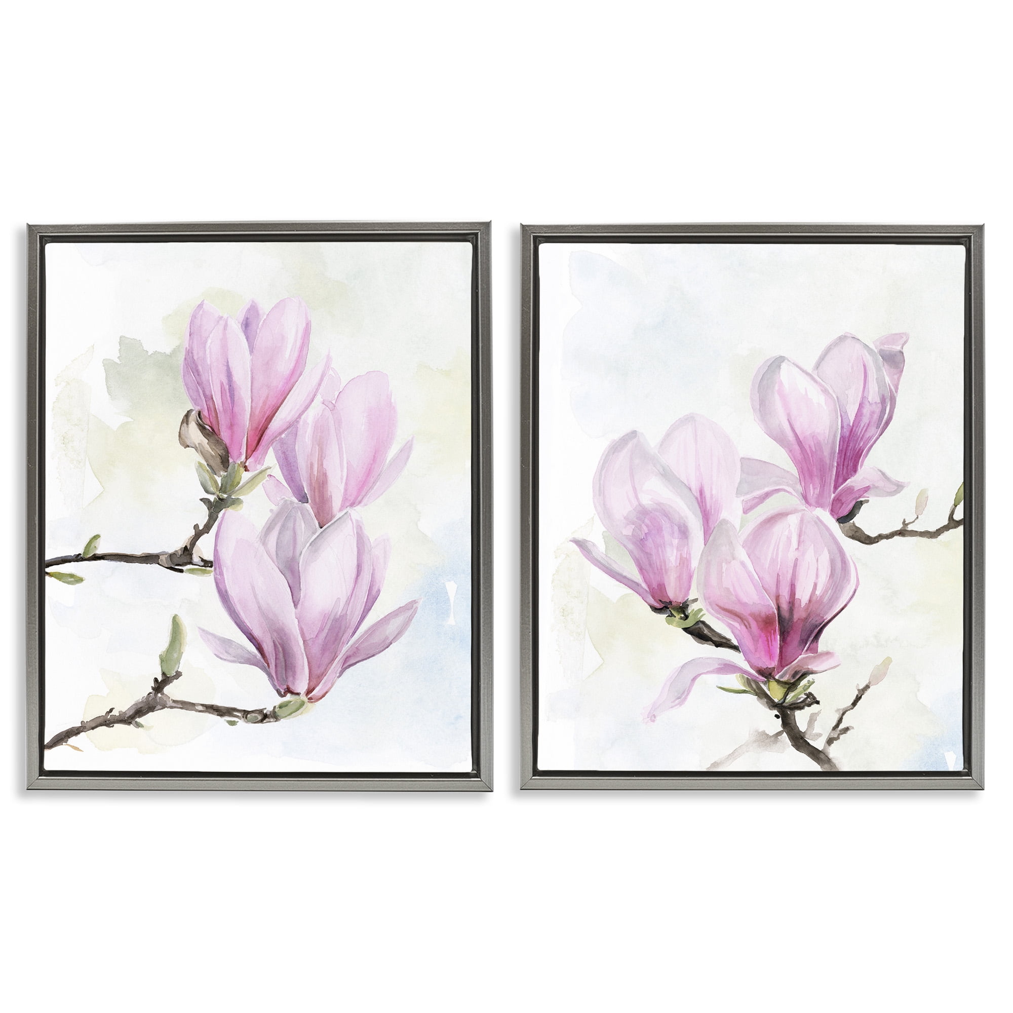 Pink Magnolia Flower Blossoms Gray Framed Canvas Art Print Set