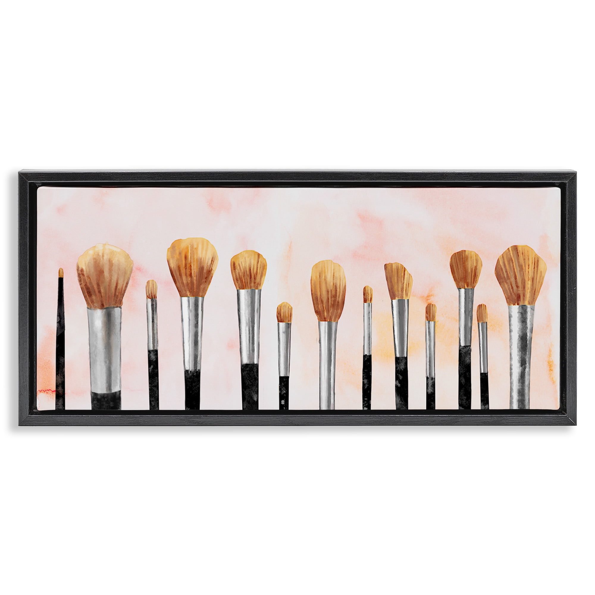 Stupell Industries Pink Makeup Brush Collection Beauty & Fashion Painting Black Floater Framed Canvas Art Print Wall Art, 31 x 14