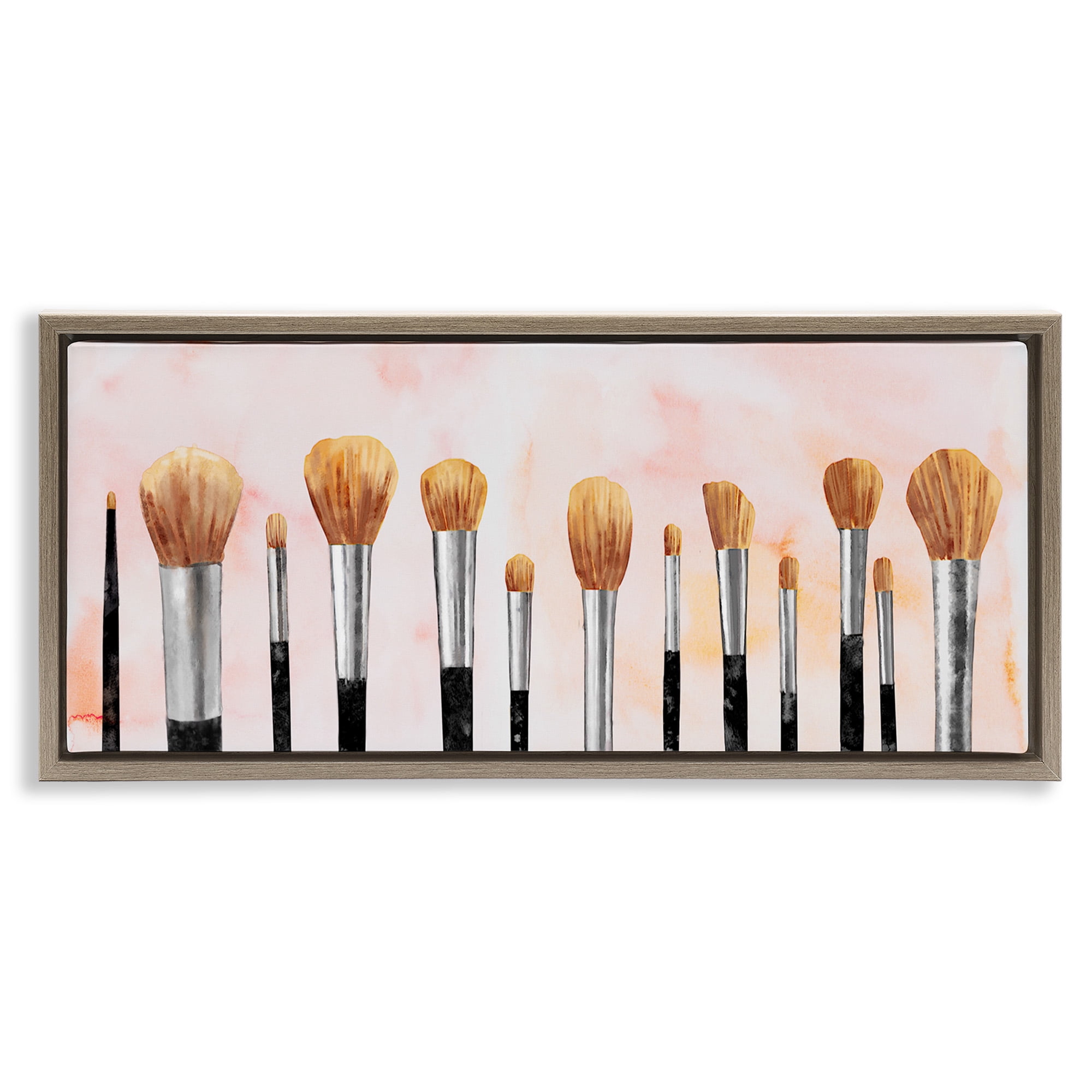 Stupell Industries Pink Makeup Brush Collection Beauty & Fashion Painting Brown Floater Framed Canvas Art Print Wall Art, 25 x 11