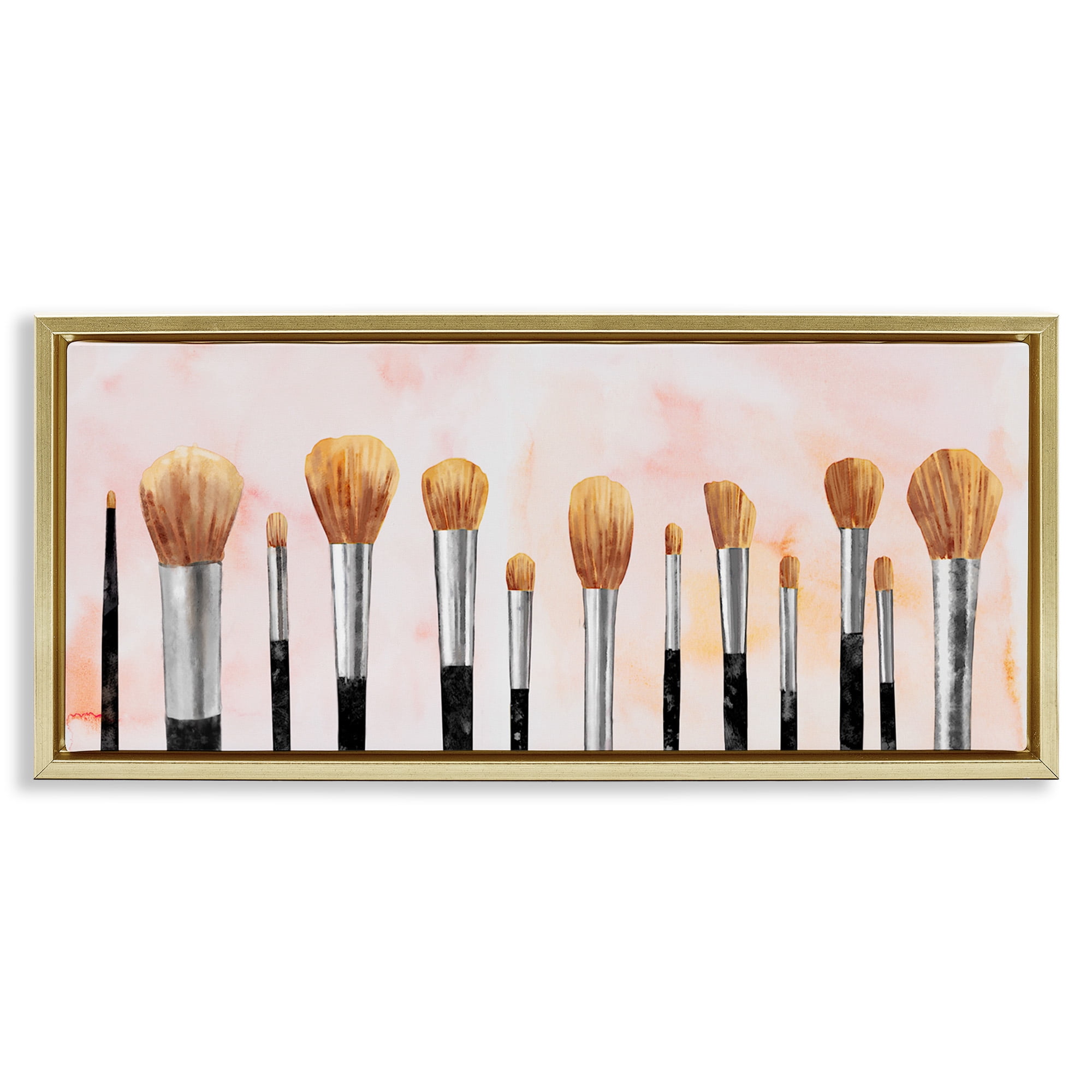 Stupell Industries Pink Makeup Brush Collection Beauty & Fashion Painting Gold Floater Framed Canvas Art Print Wall Art, 31 x 14