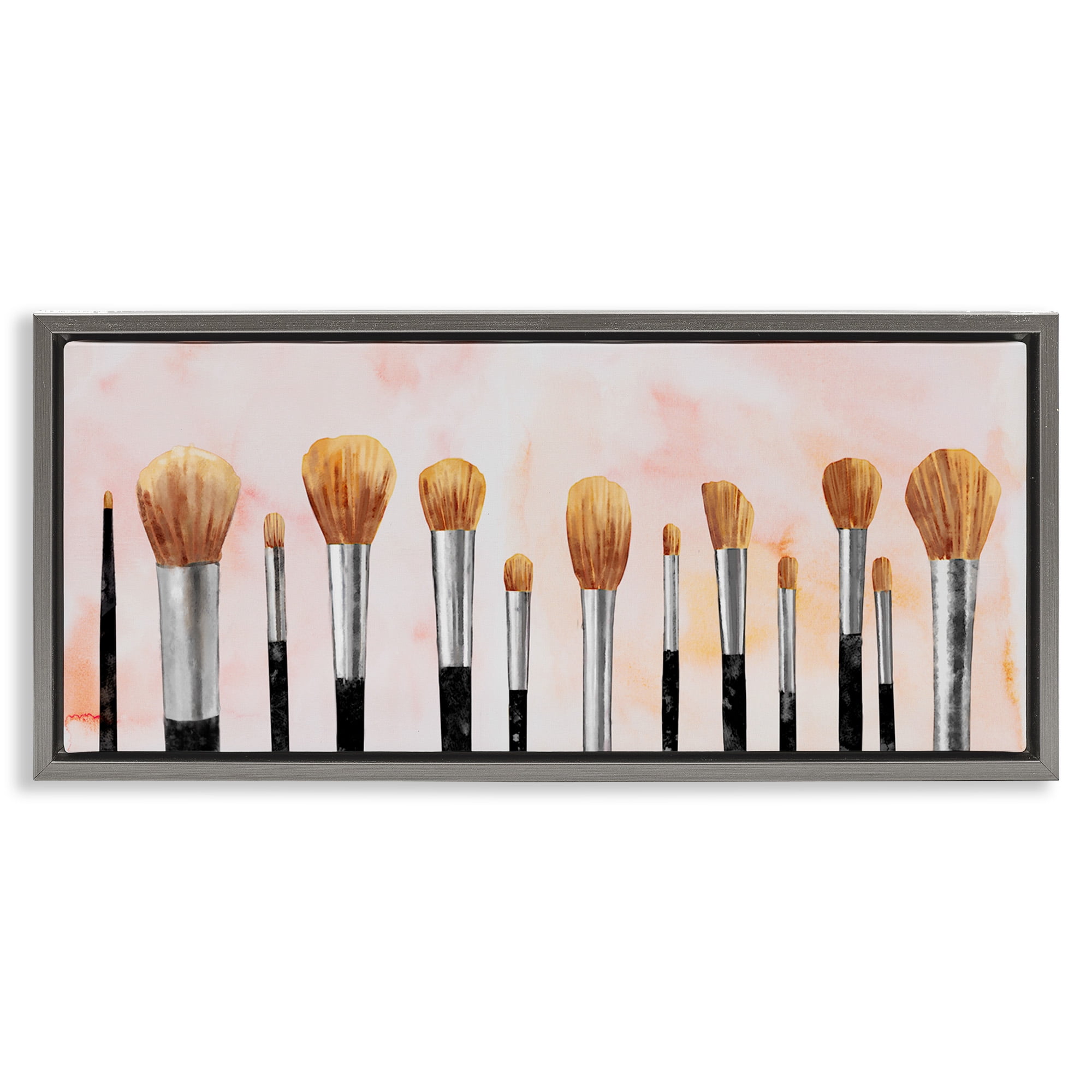 Stupell Industries Pink Makeup Brush Collection Beauty & Fashion Painting Gray Floater Framed Canvas Art Print Wall Art, 31 x 14