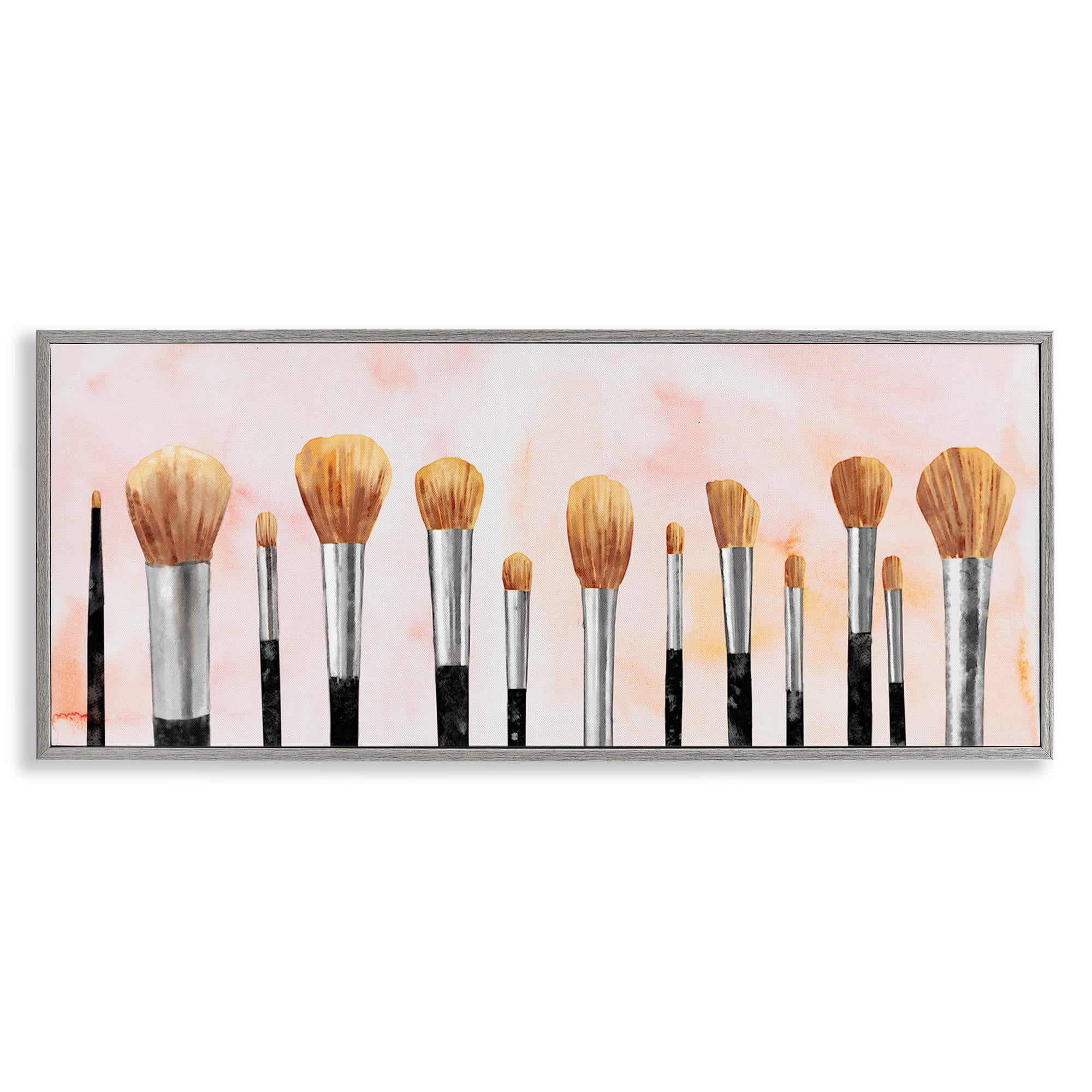 Stupell Industries Pink Makeup Brush Collection Beauty & Fashion Painting Gray Framed Art Print Wall Art, 24 x 10