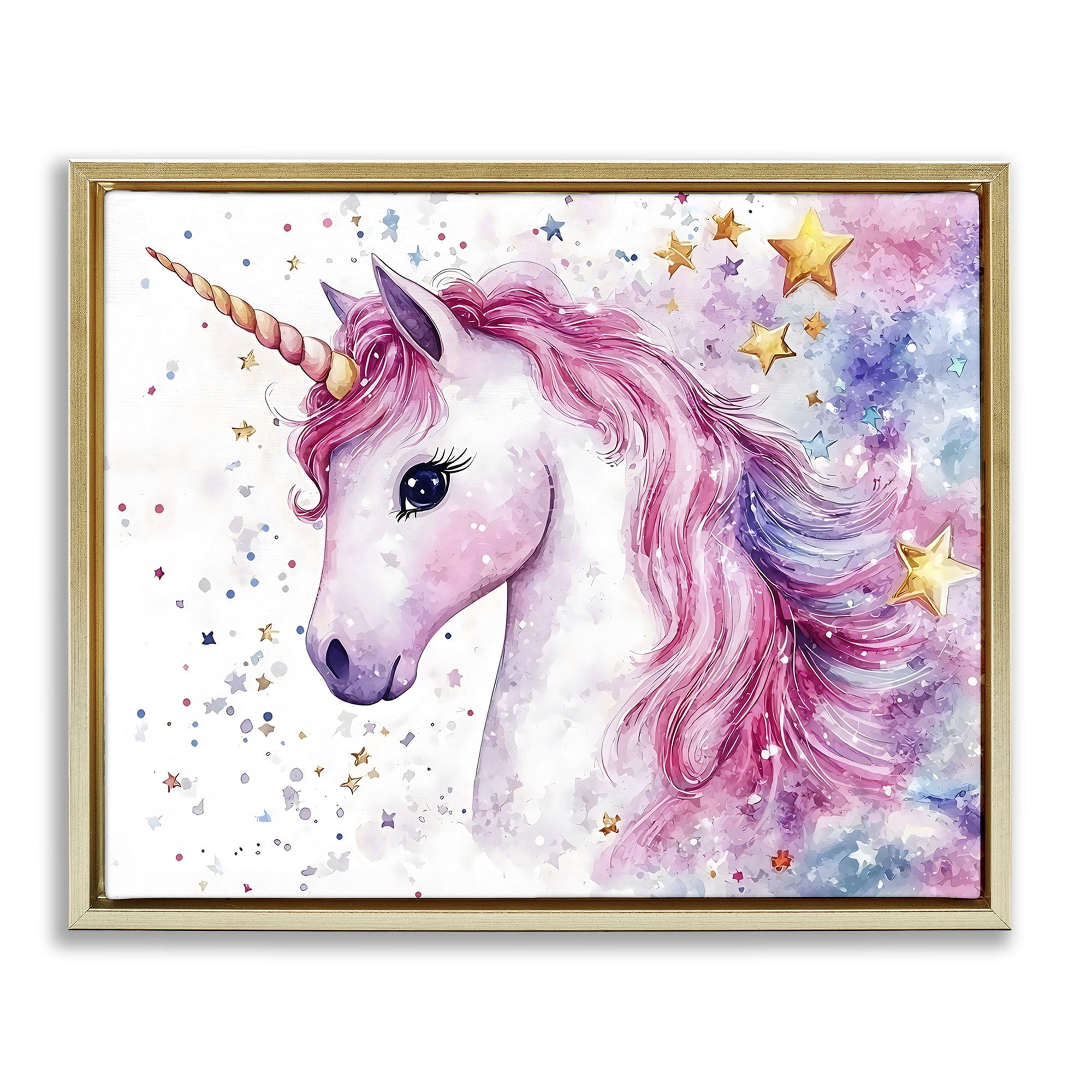 Stupell Industries Pink Mane Unicorn with Stars Gold Framed Floater Canvas Wall Art, design by Creative Studio