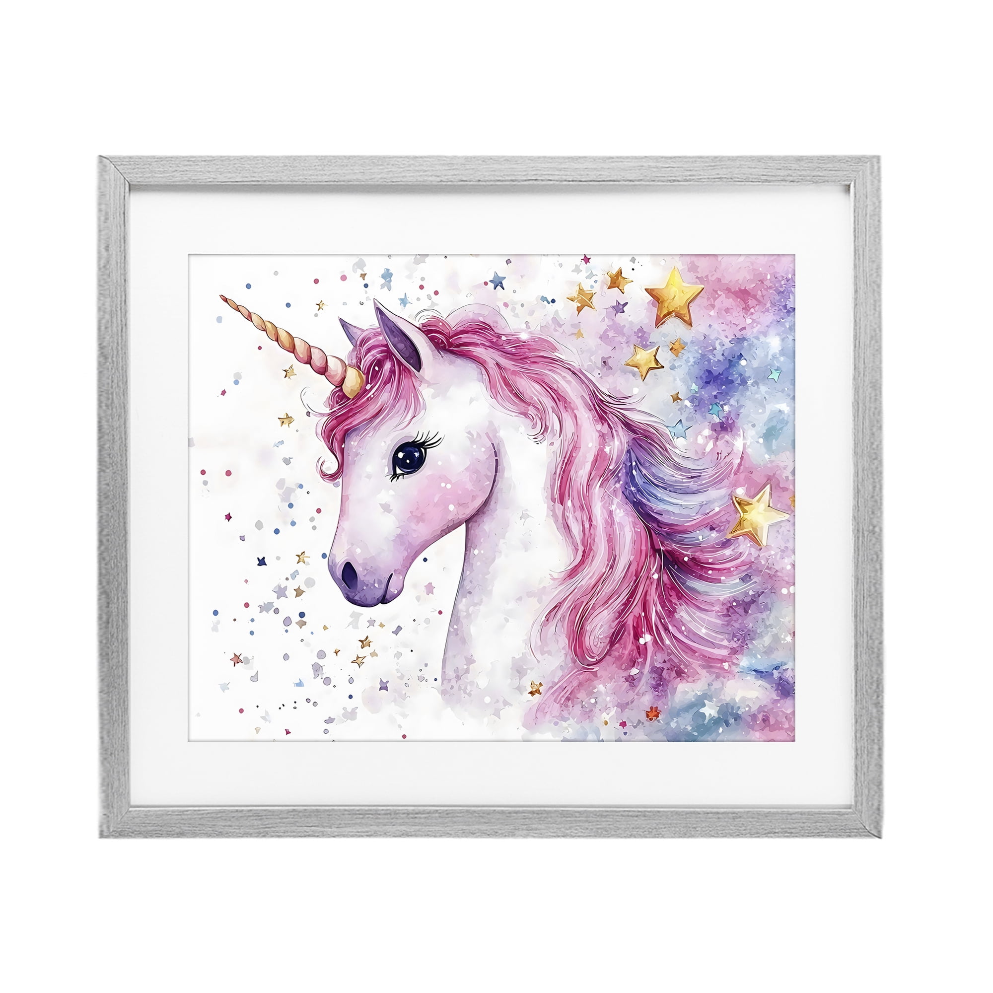 Stupell Industries Pink Mane Unicorn with Stars Gray Framed Print Under Glass, design by Creative Studio