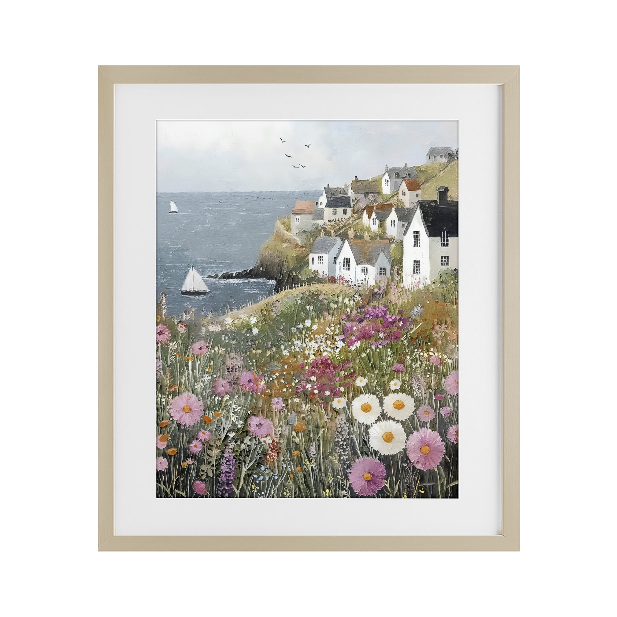 Stupell Industries Pink Meadow Overlooking Sailboats Birch Framed Print Under Glass, design by Riley B