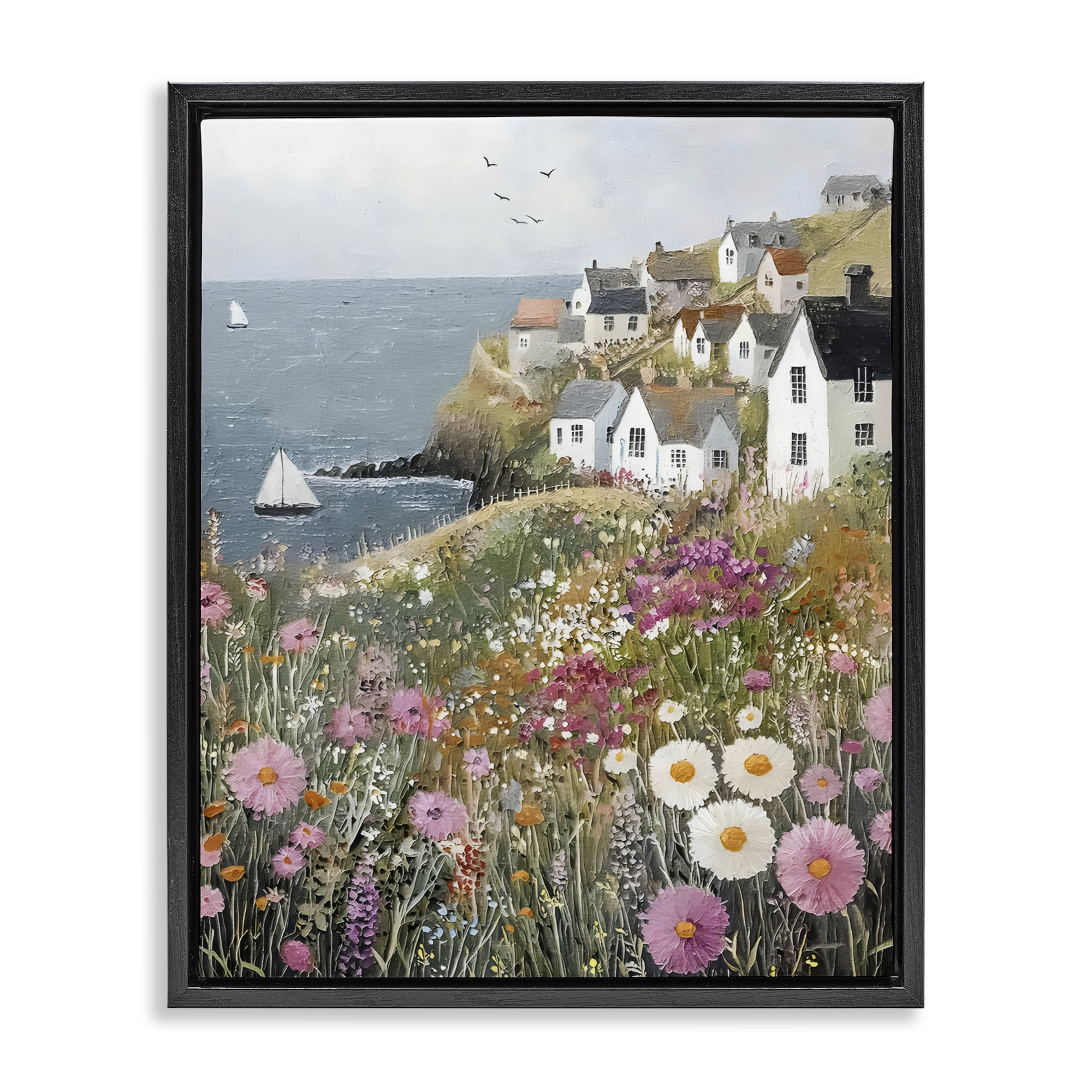 Stupell Industries Pink Meadow Overlooking Sailboats Black Framed Floater Canvas Wall Art, design by Riley B