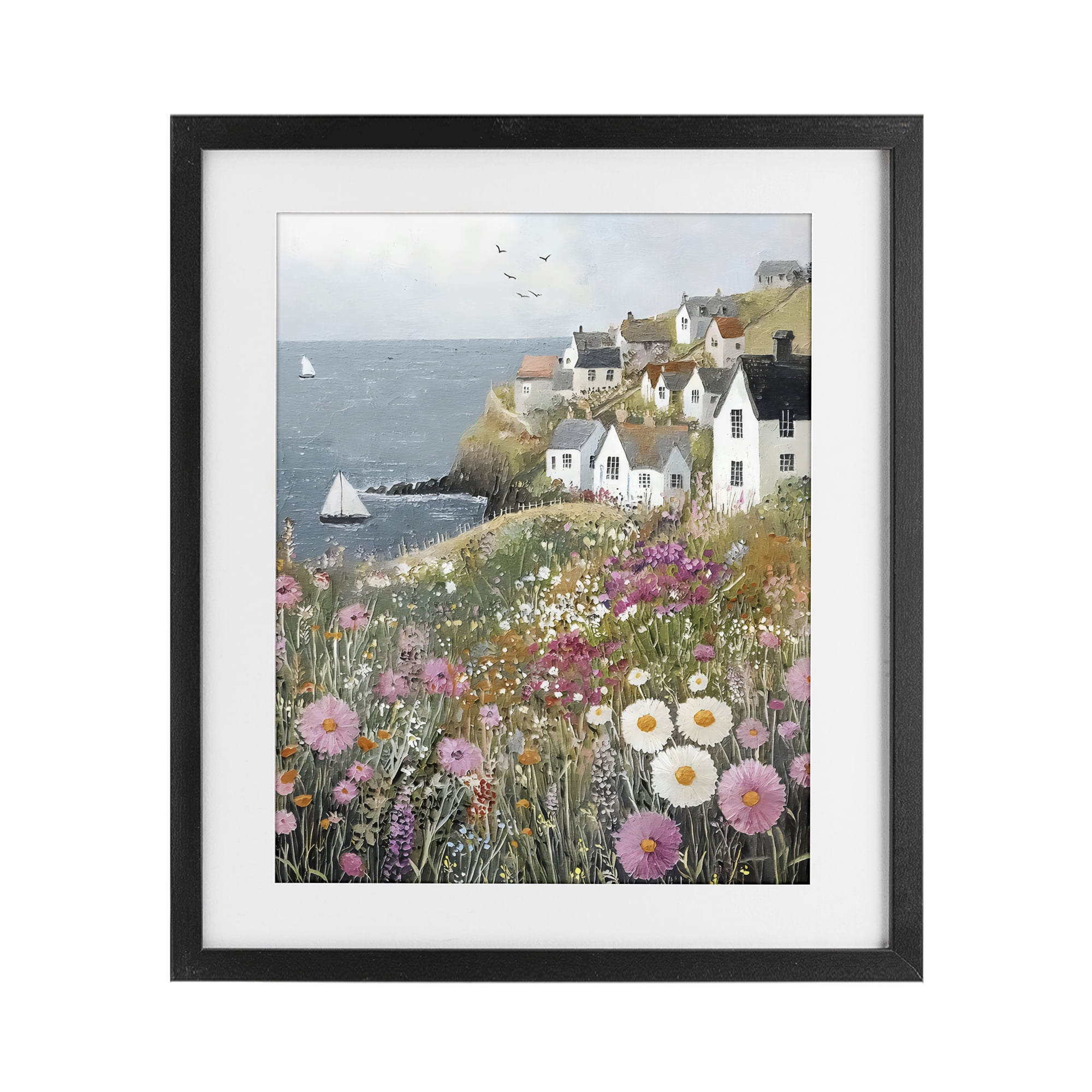 Stupell Industries Pink Meadow Overlooking Sailboats Black Framed Print Under Glass, design by Riley B