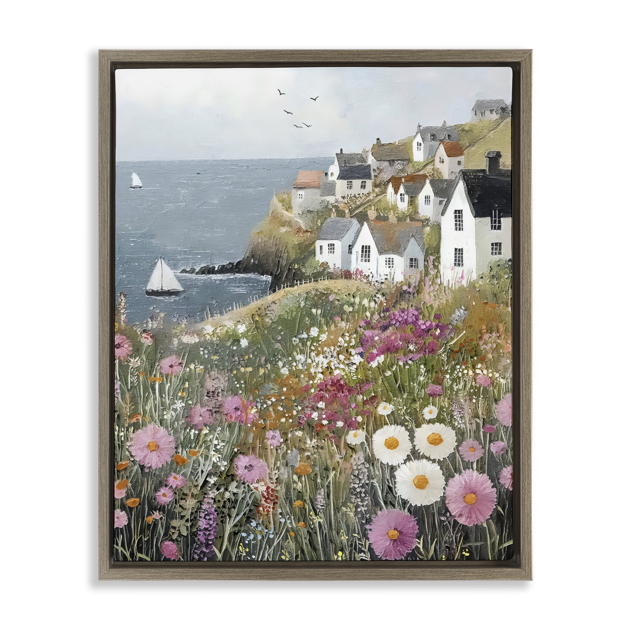 Stupell Industries Pink Meadow Overlooking Sailboats Brown Framed Floater Canvas Wall Art, design by Riley B