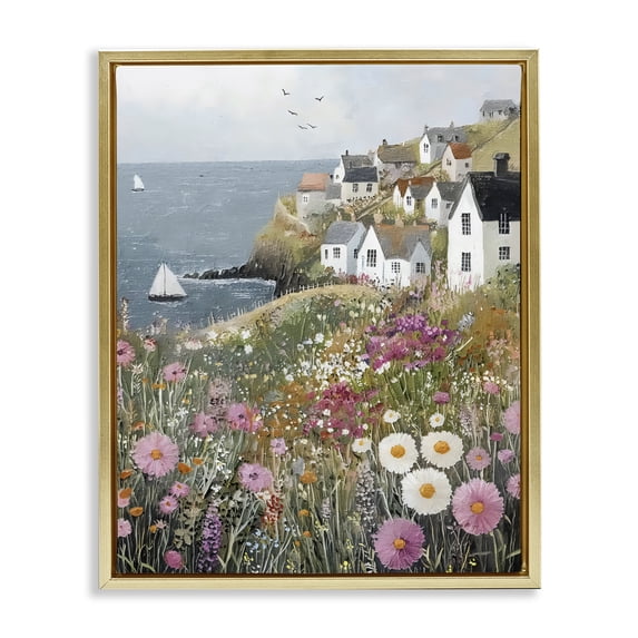 Stupell Industries Rustic Lodge Pink Meadow Overlooking Sailboats Gold Floating Frame Canvas Art, 25 x 31, by Riley B