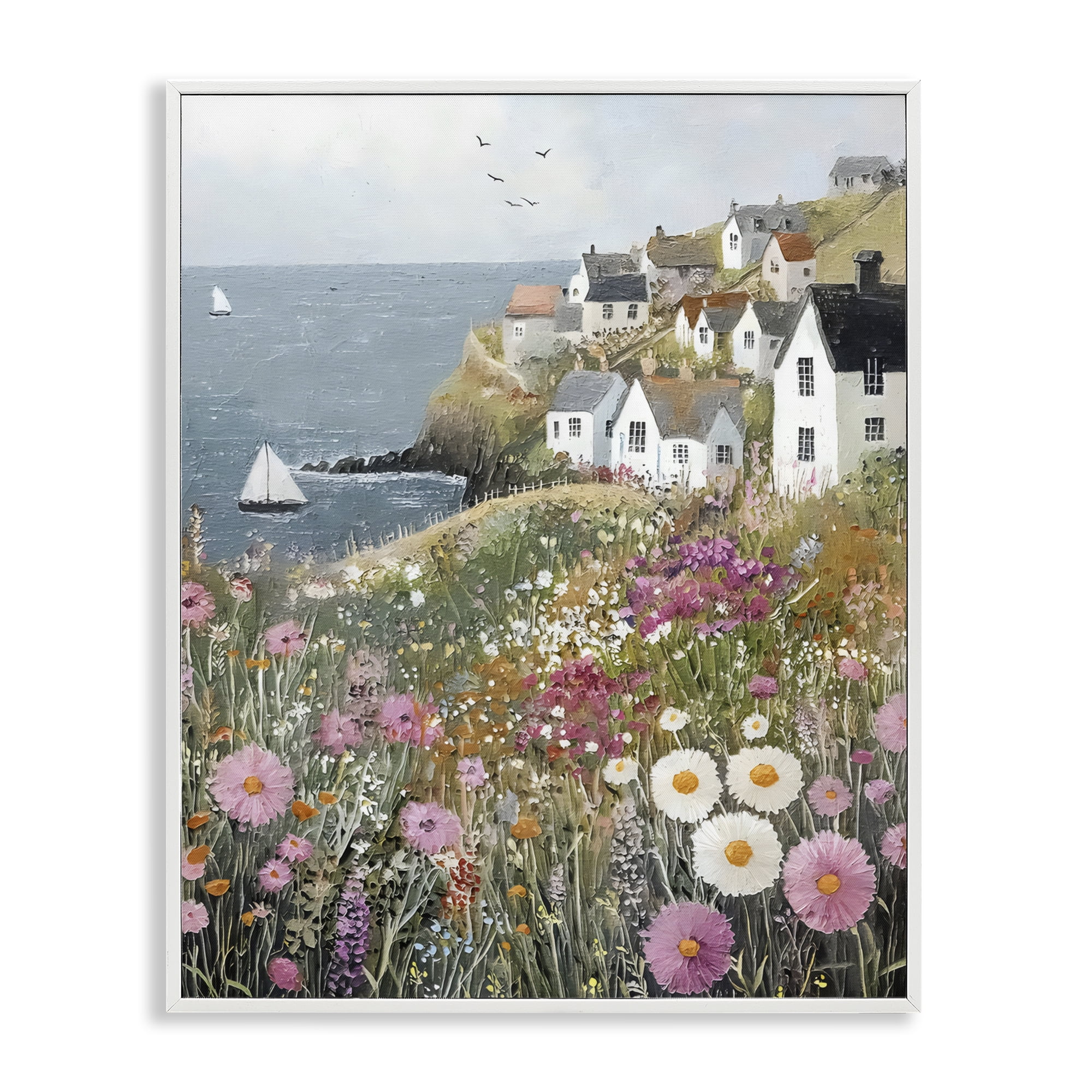 Stupell Industries Pink Meadow Overlooking Sailboats White Framed Giclee Art, design by Riley B