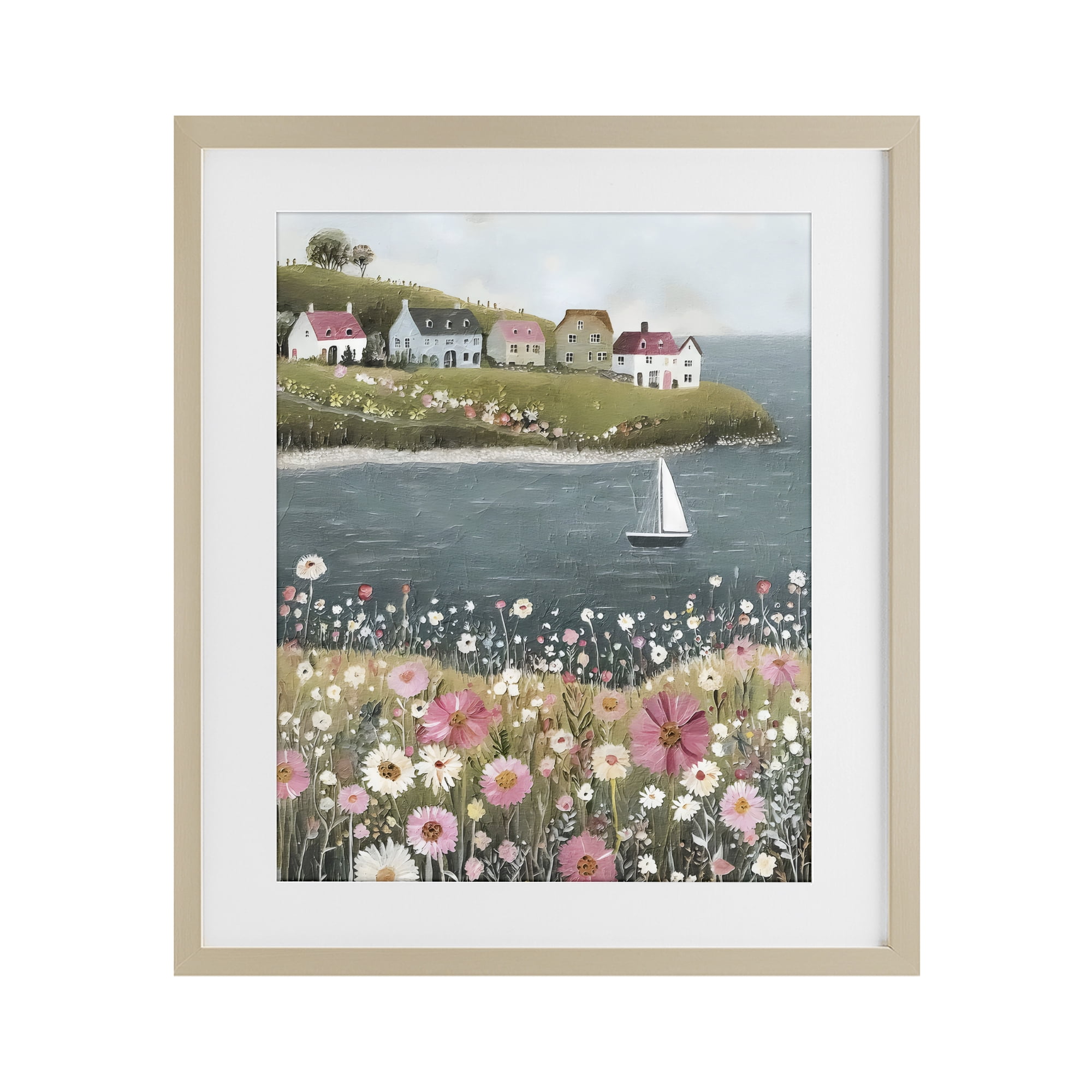Stupell Industries Pink Meadow & Sailboats Birch Framed Print Under Glass, design by Riley B