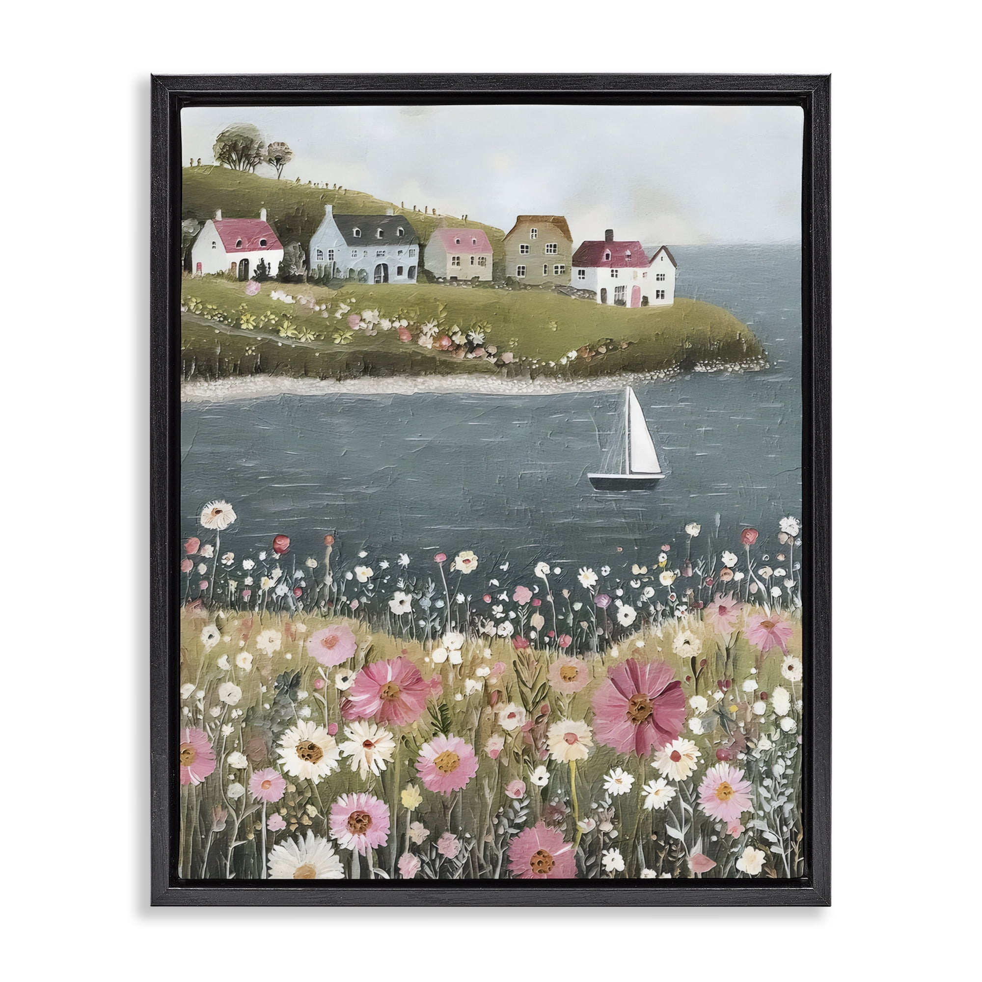 Stupell Industries Pink Meadow & Sailboats Black Framed Floater Canvas Wall Art, design by Riley B