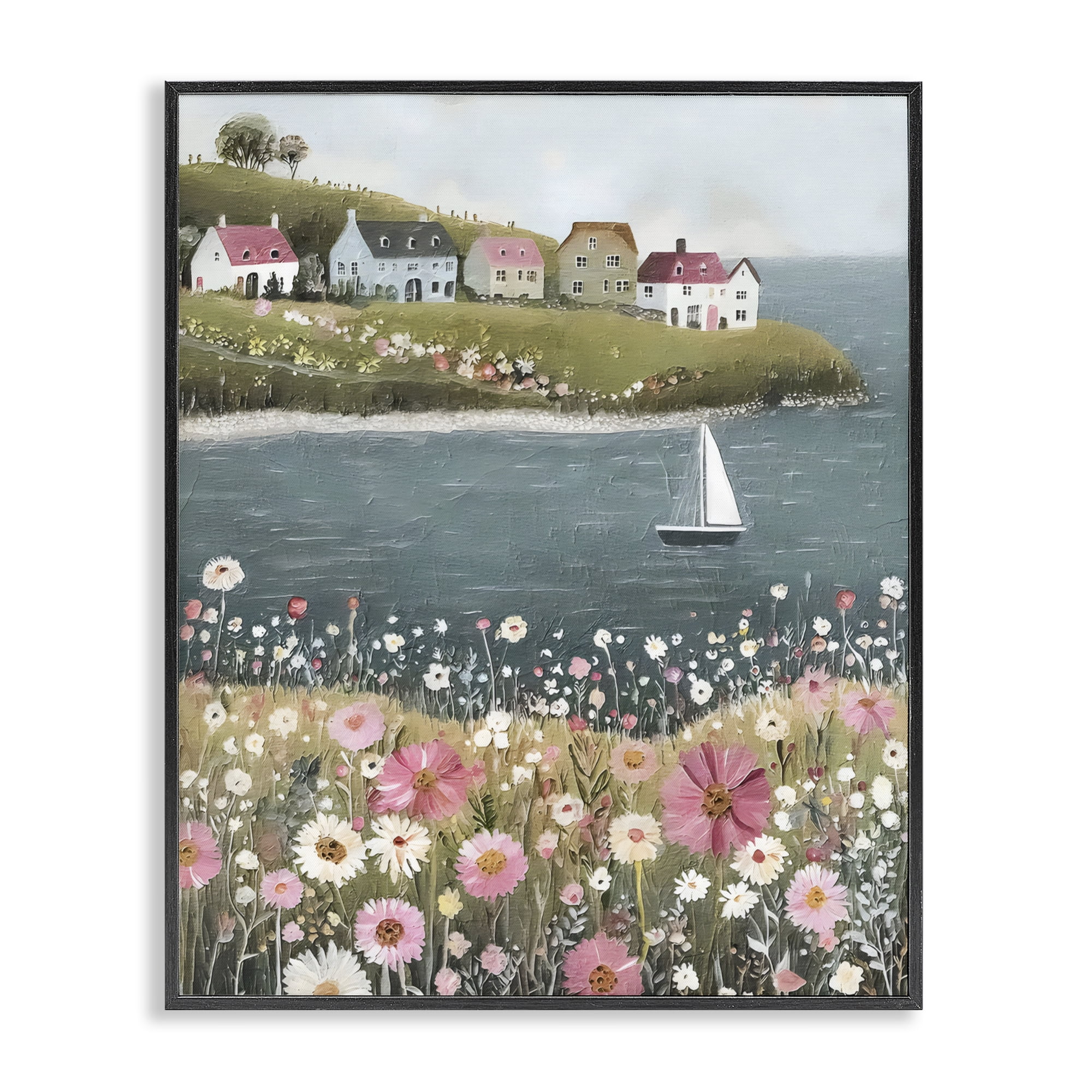 Stupell Industries Pink Meadow & Sailboats Black Framed Giclee Art, design by Riley B