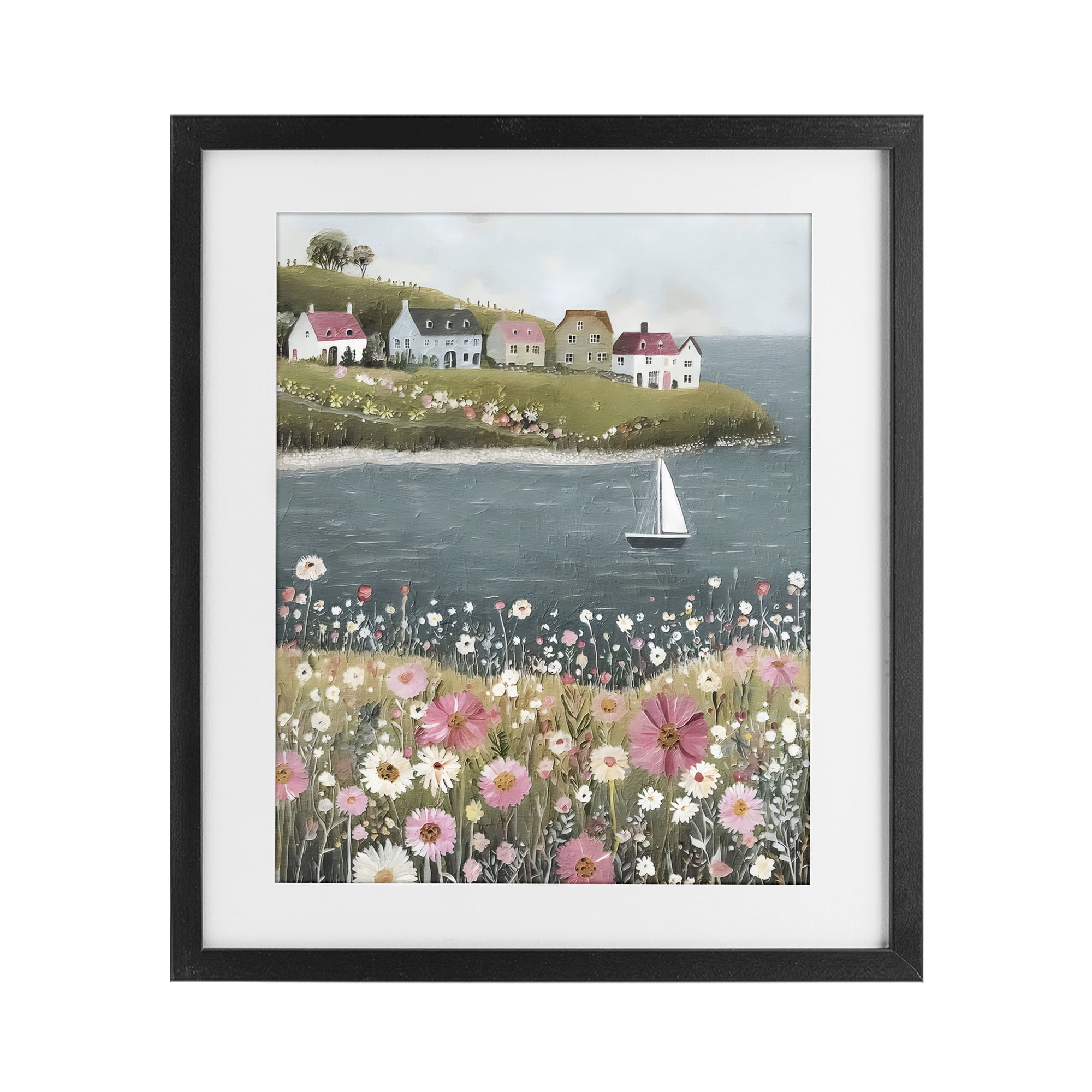 Stupell Industries Pink Meadow & Sailboats Black Framed Print Under Glass, design by Riley B