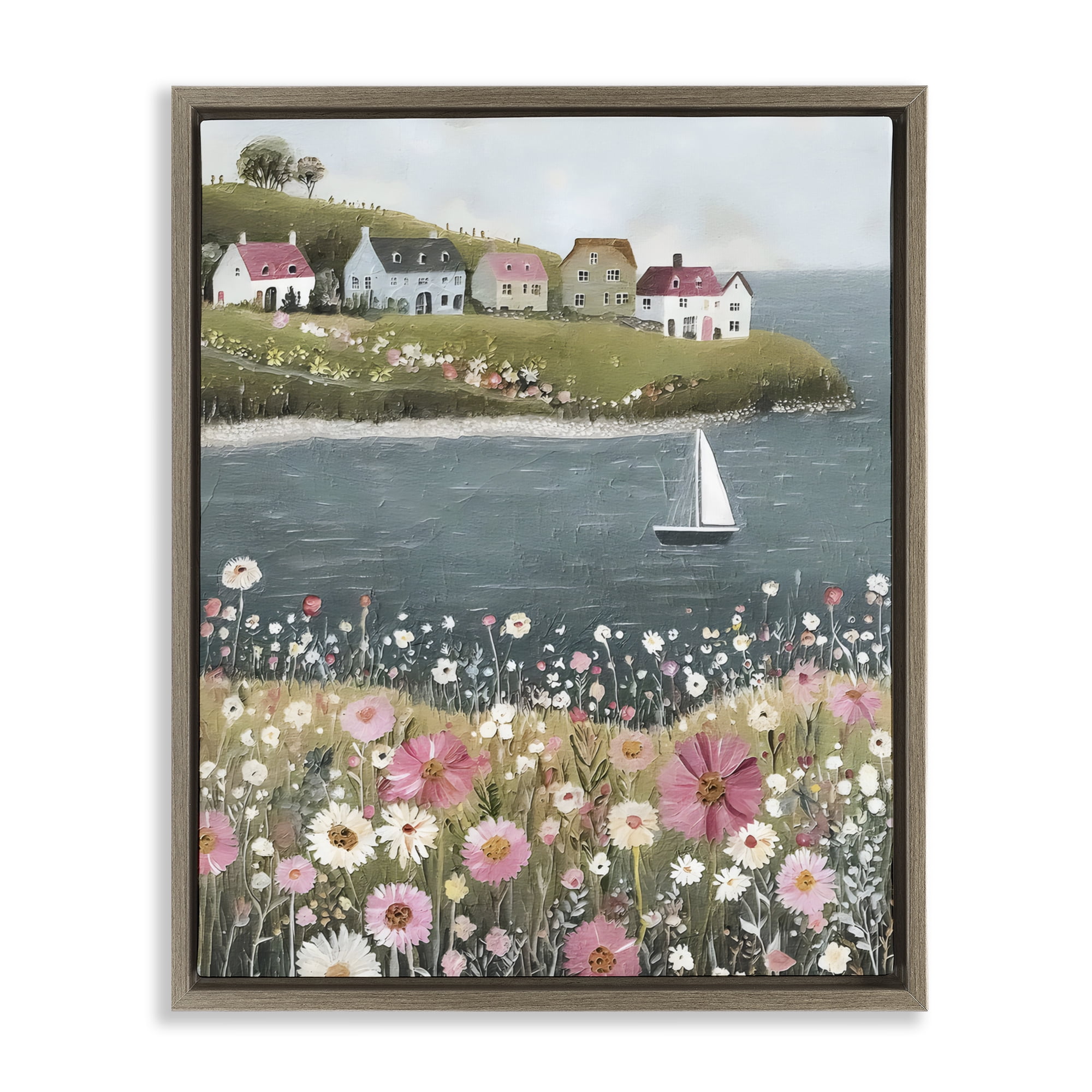 Stupell Industries Pink Meadow & Sailboats Brown Framed Floater Canvas Wall Art, design by Riley B