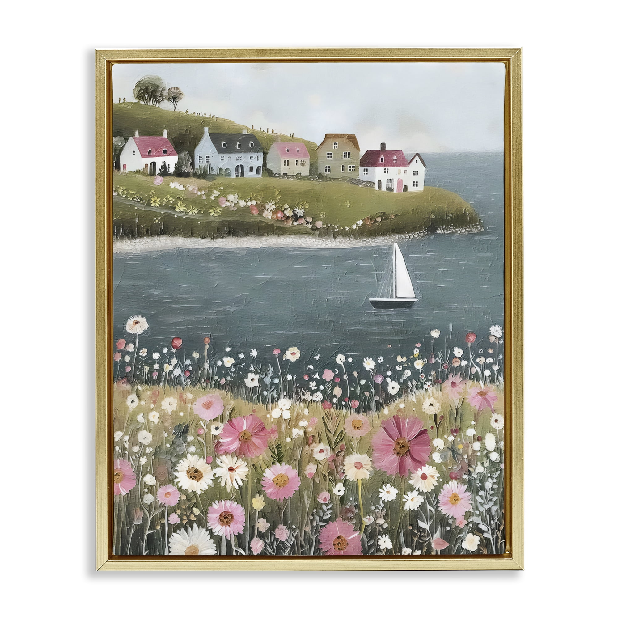 Stupell Industries Pink Meadow & Sailboats Gold Framed Floater Canvas Wall Art, design by Riley B