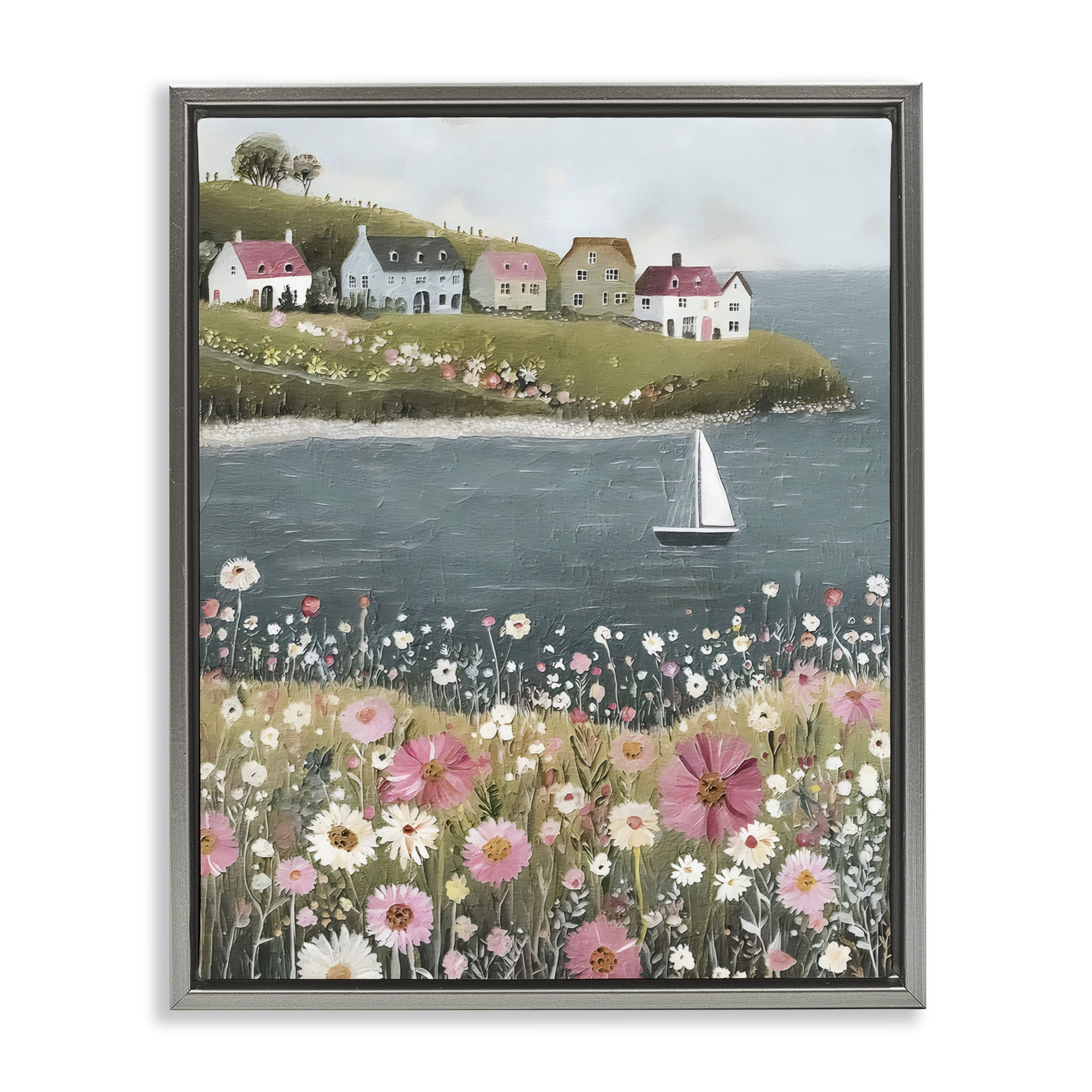 Stupell Industries Pink Meadow & Sailboats Gray Framed Floater Canvas Wall Art, design by Riley B