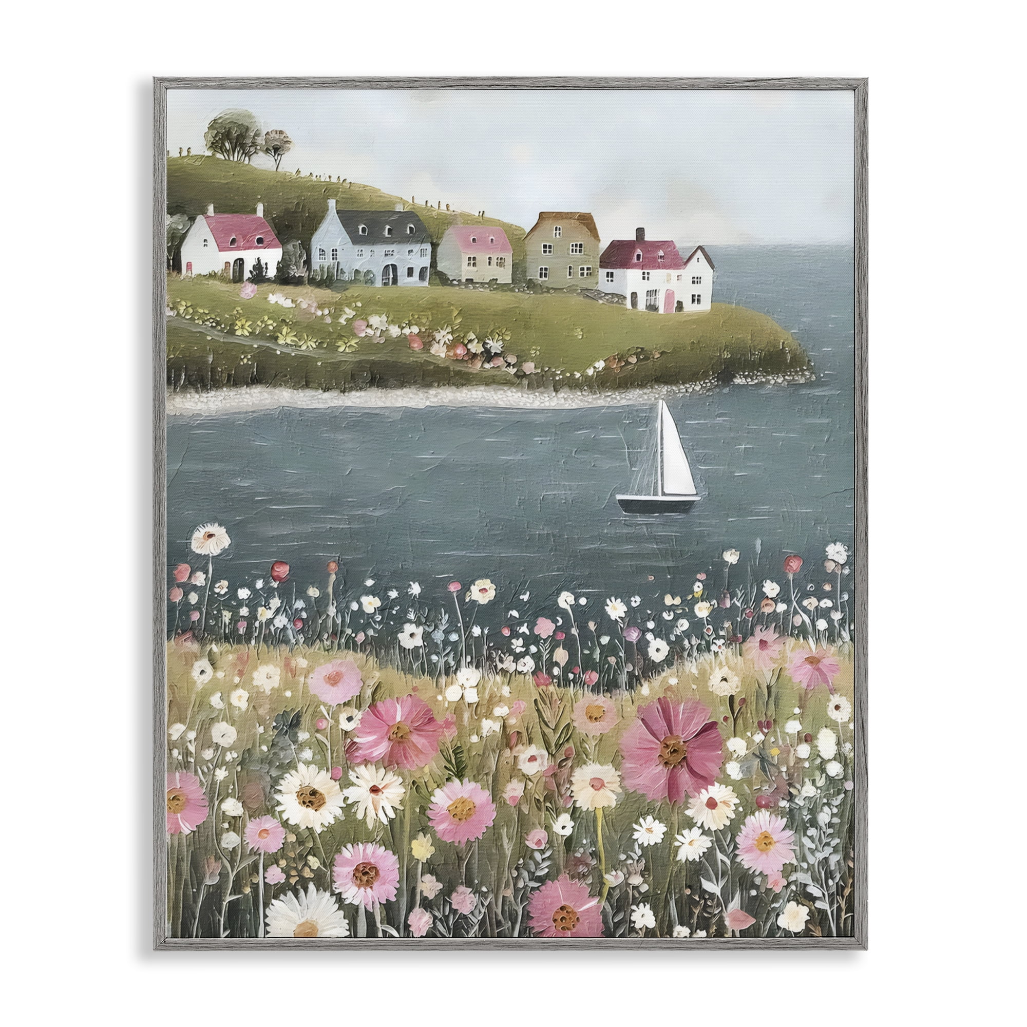 Stupell Industries Pink Meadow & Sailboats Gray Framed Giclee Art, design by Riley B