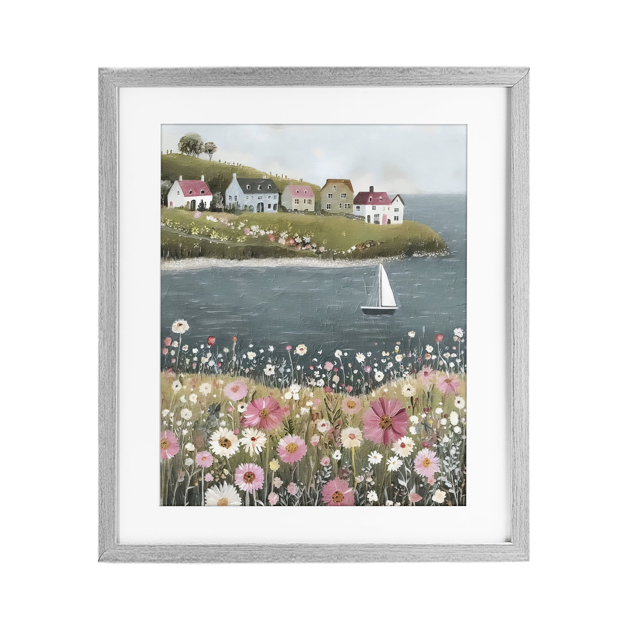Stupell Industries Pink Meadow & Sailboats Gray Framed Print Under Glass, design by Riley B