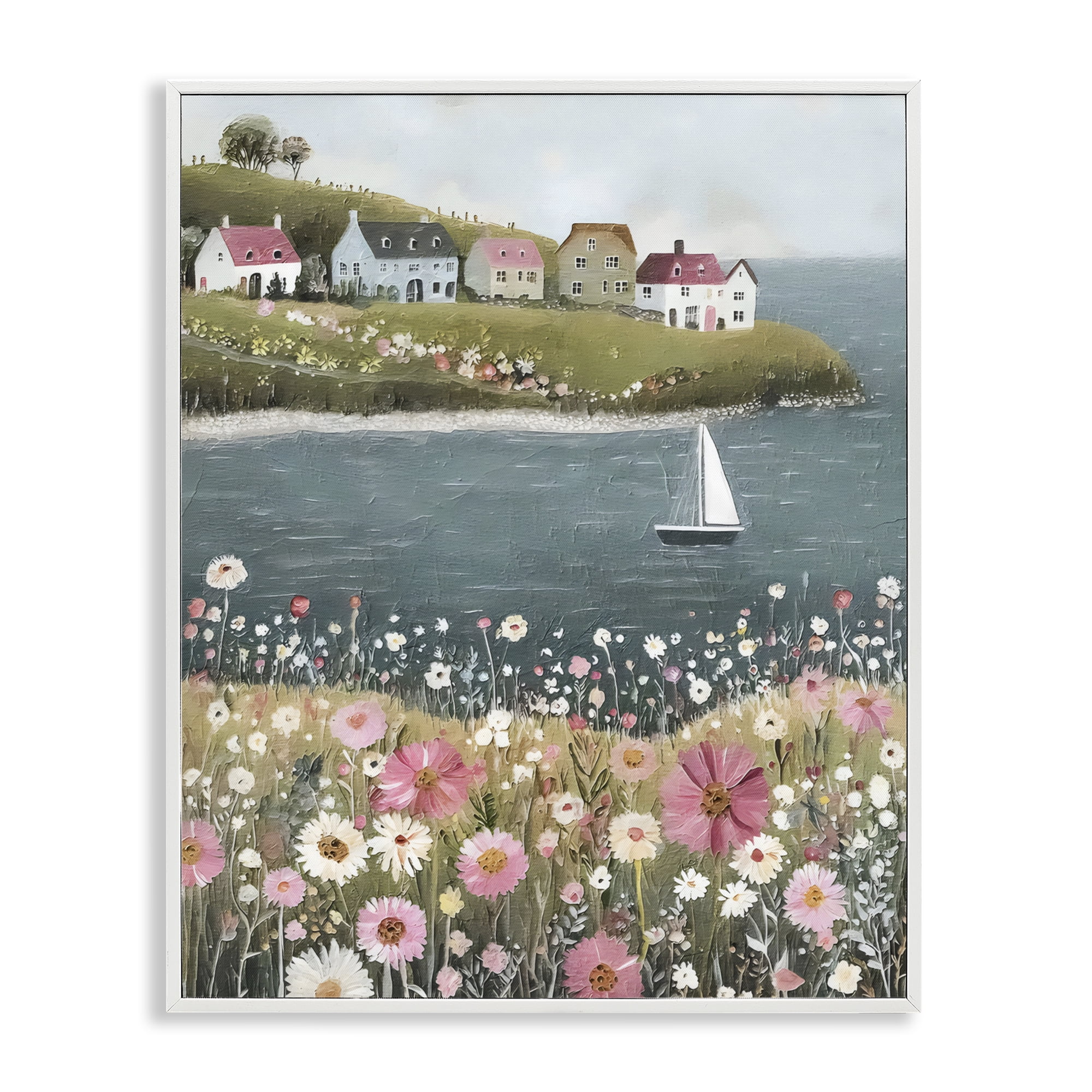 Stupell Industries Pink Meadow & Sailboats White Framed Giclee Art, design by Riley B