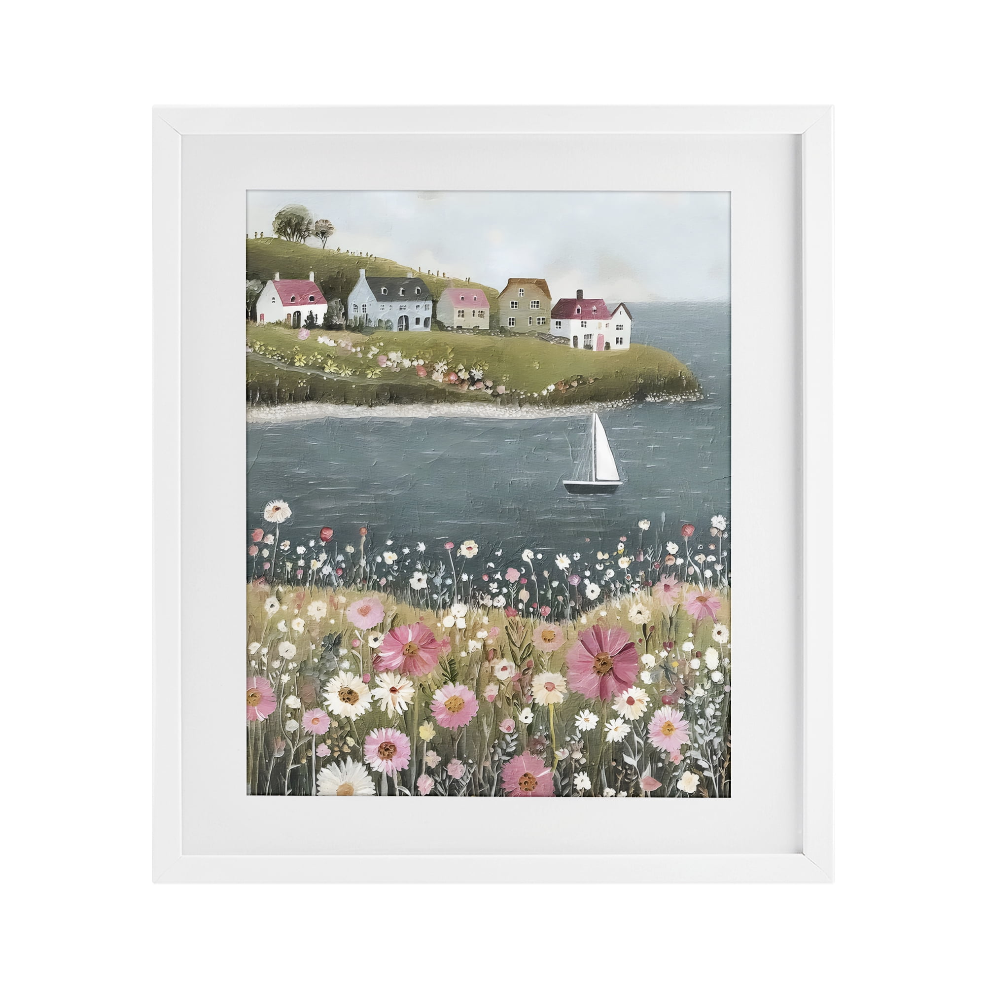Stupell Industries Pink Meadow & Sailboats White Framed Print Under Glass, design by Riley B