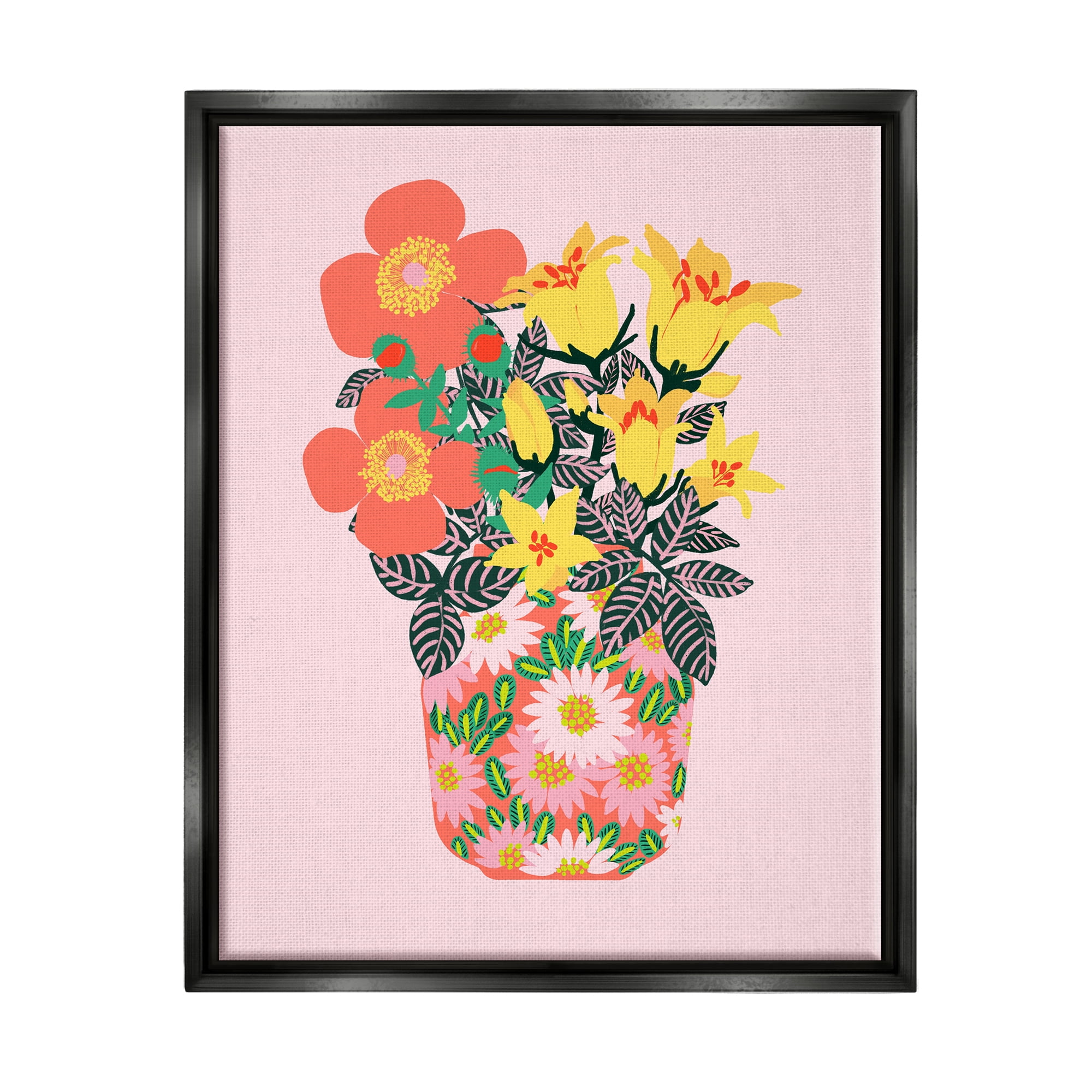 Stupell Industries Pink Modern Bouquet Botanical & Floral Painting Black Floater Framed Canvas Art Print Wall Art, 25 x 31