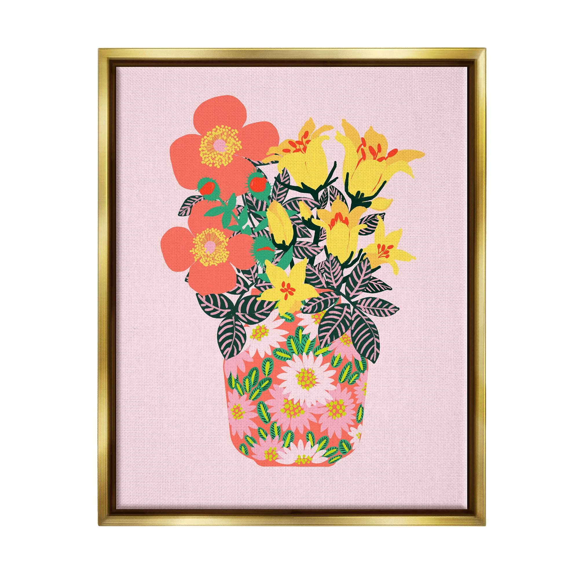Stupell Industries Pink Modern Bouquet Botanical & Floral Painting Gold Floater Framed Canvas Art Print Wall Art, 17 x 21