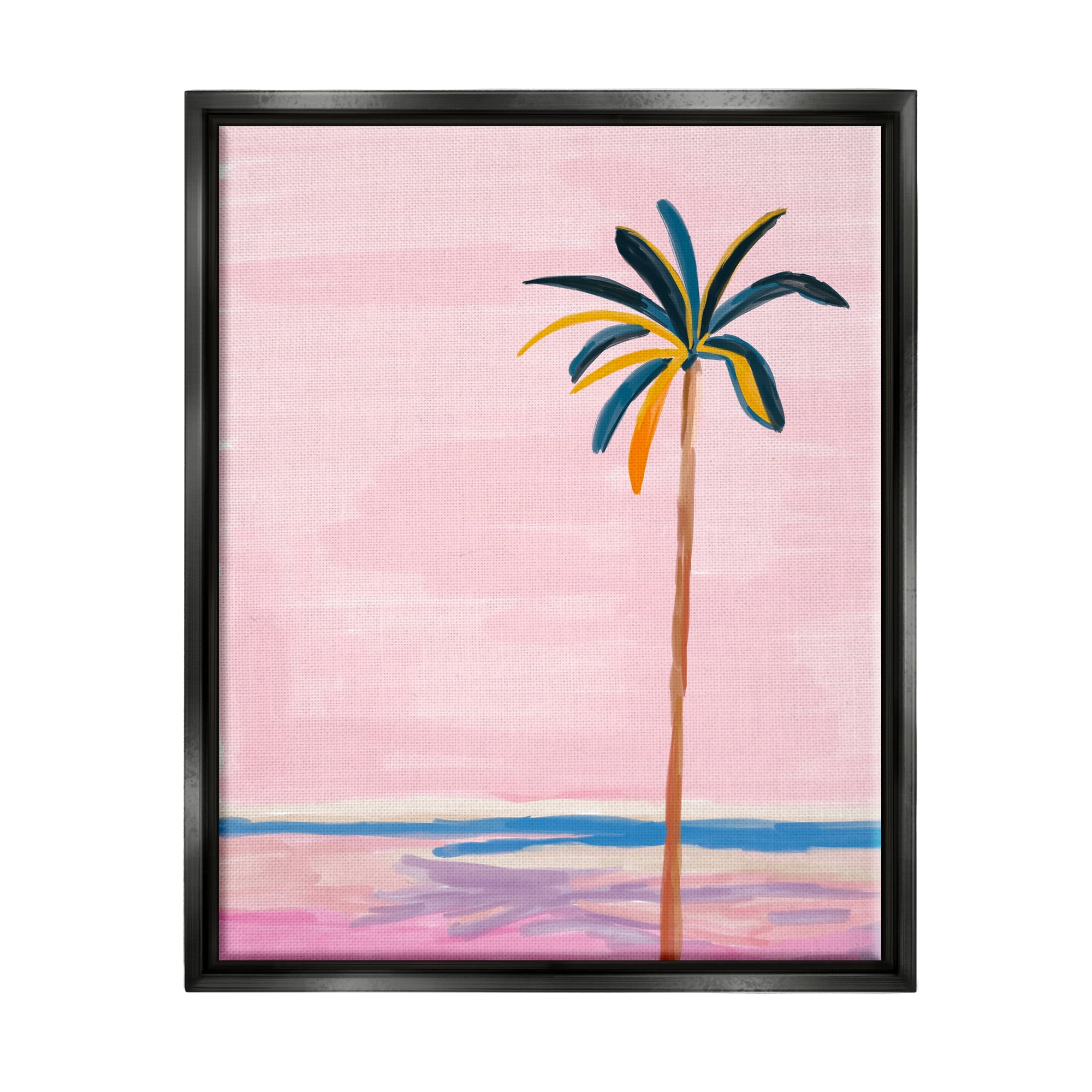 Pink and Blue Palm Tree Landscape Canvas Print with Black Frame