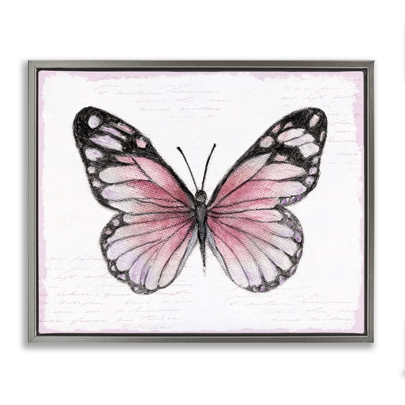 Stupell Industries Pink Monarch Butterfly Animals Painting Gray Floater Framed Canvas Art Print Wall Art, 31 x 25