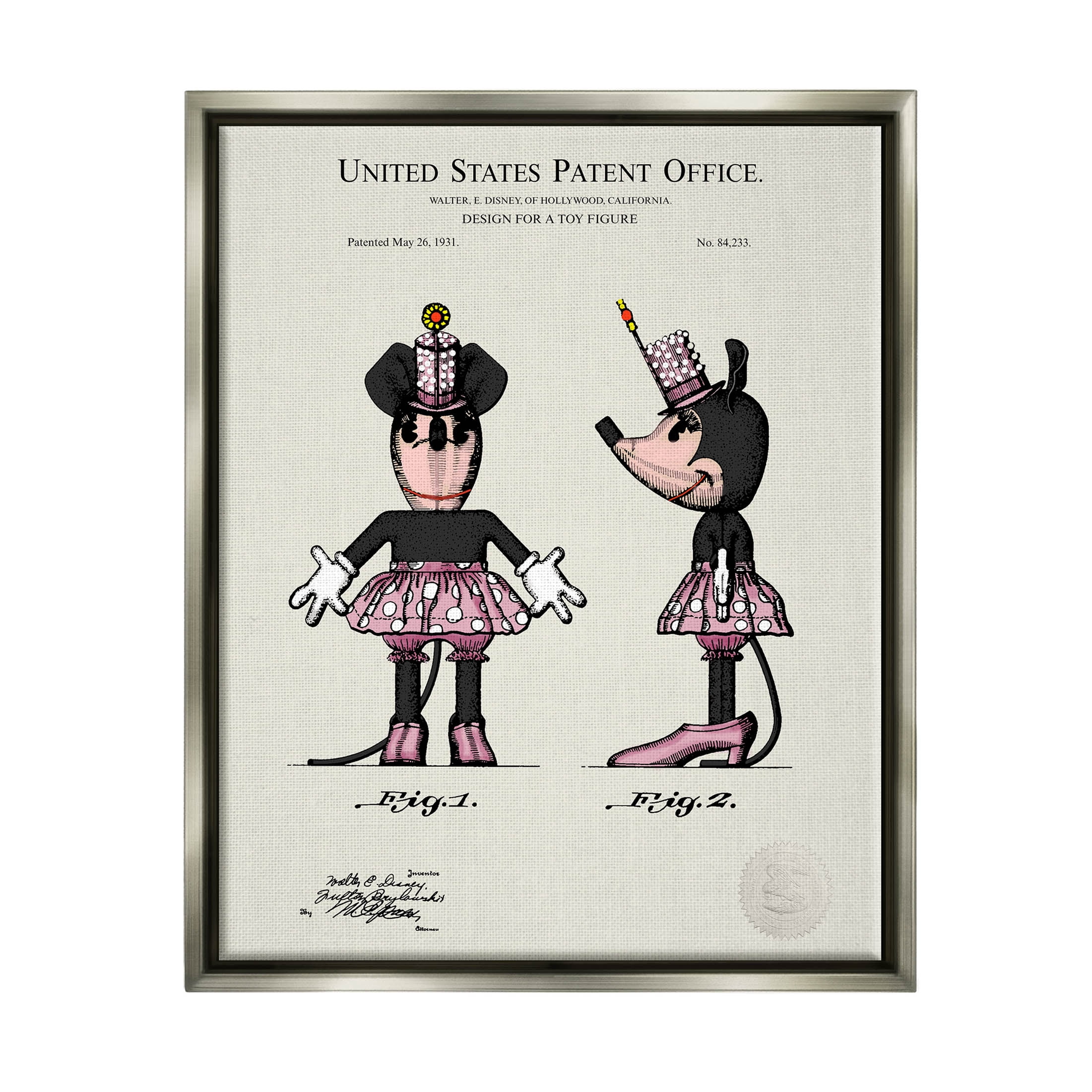 Stupell Industries Pink Mouse Character Patent Graphic Art Luster Gray Floating Framed Canvas Print Wall Art, Design by Karl Hronek