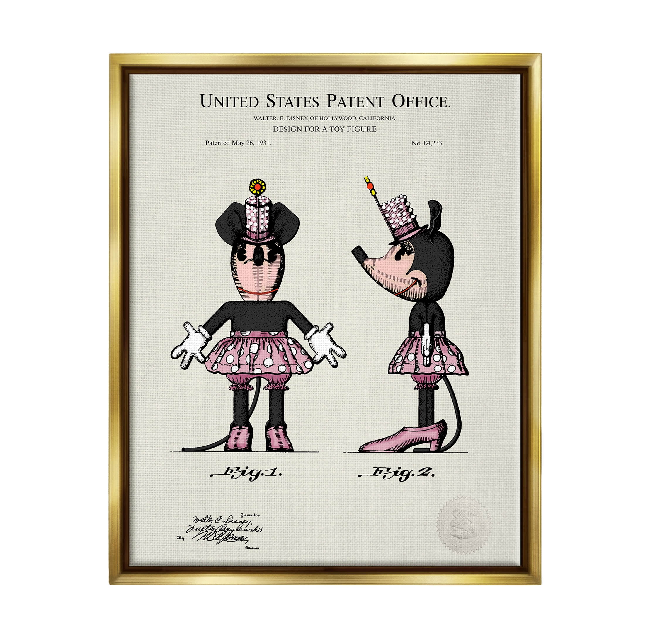 Stupell Industries Pink Mouse Character Patent Graphic Art Metallic Gold Floating Framed Canvas Print Wall Art, Design by Karl Hronek