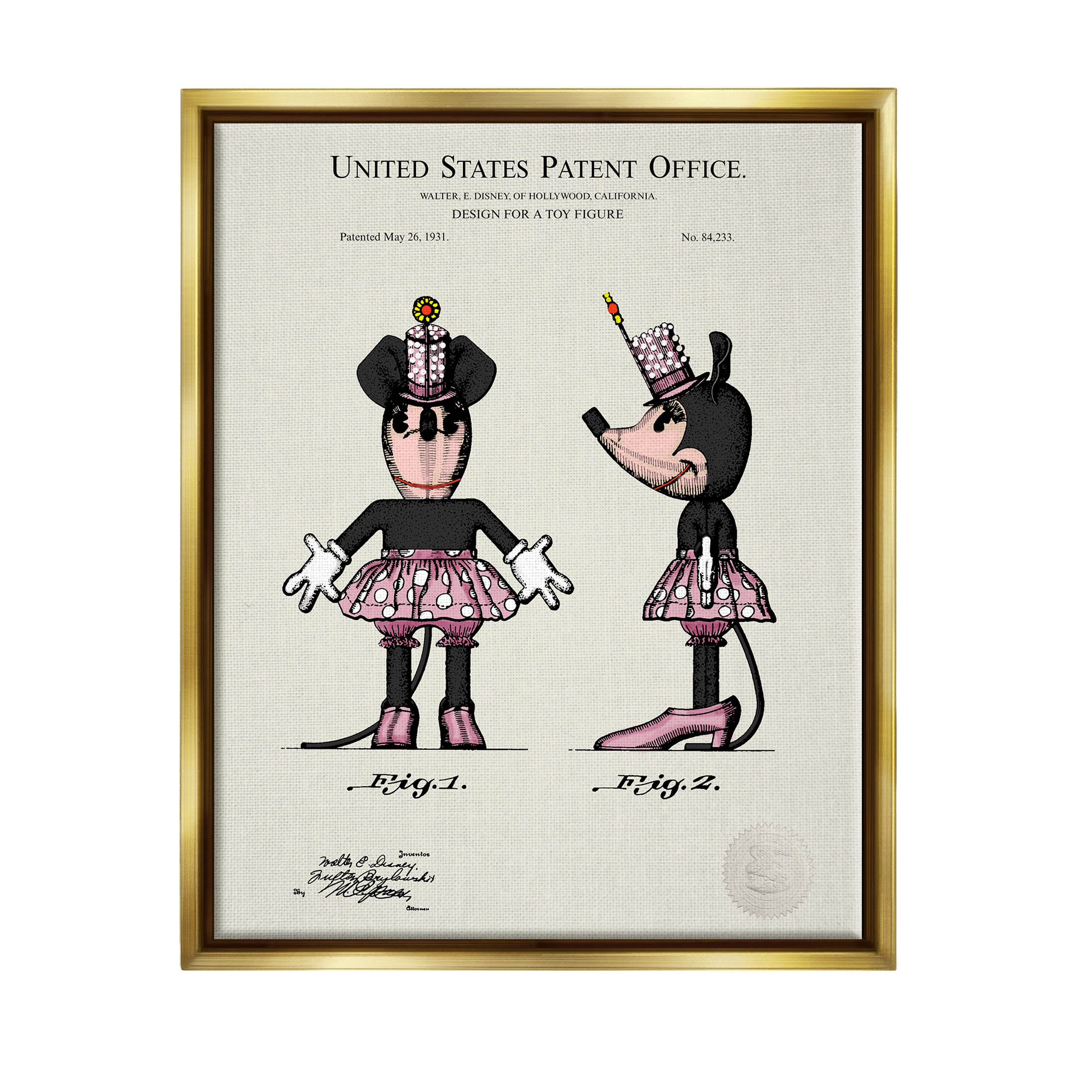 Stupell Industries Pink Mouse Character Patent Graphic Art Metallic Gold Floating Framed Canvas Print Wall Art, Design by Karl Hronek