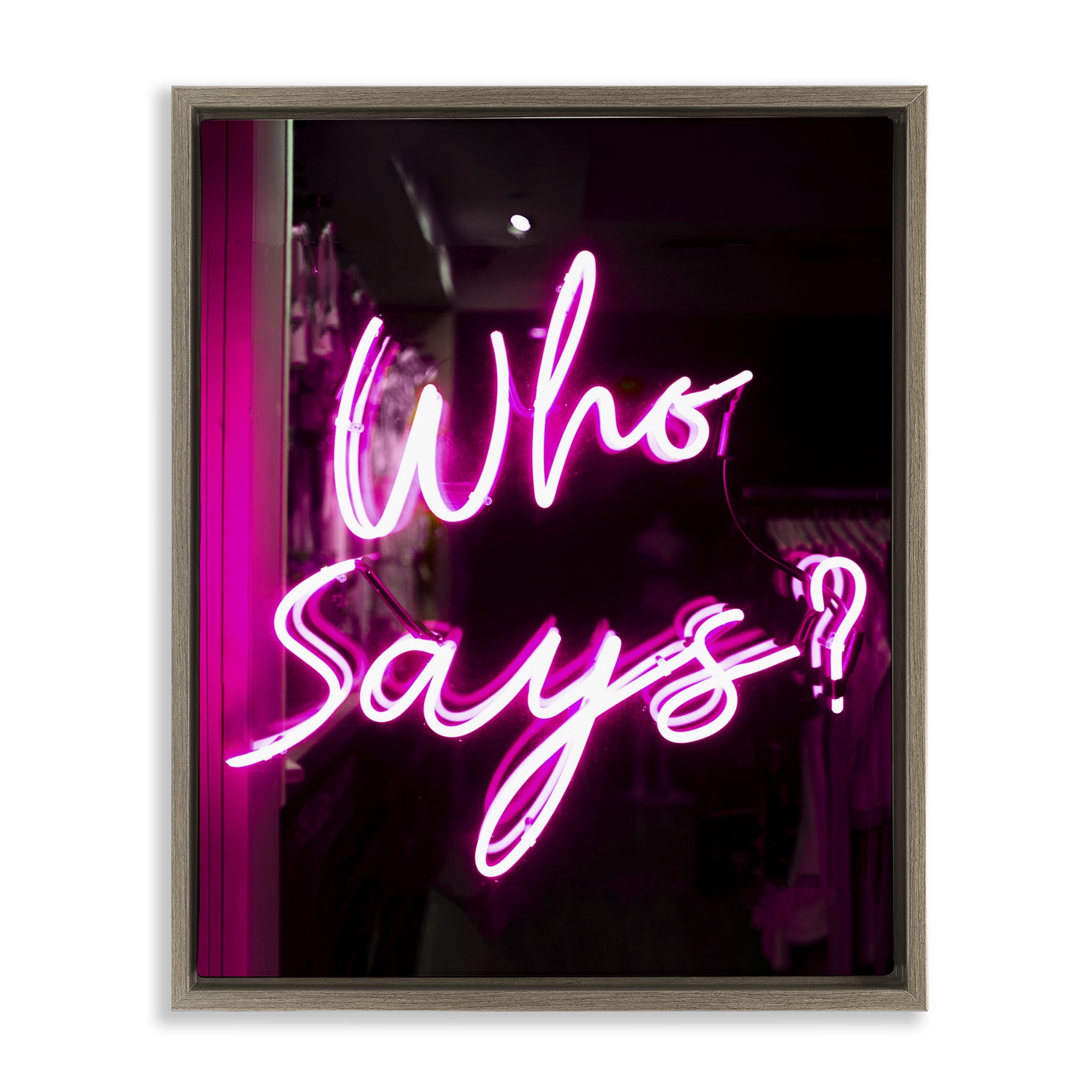 Stupell Industries Pink Neon Who Says Typography Painting Brown Floater Framed Art Print Wall Art, 17 x 21