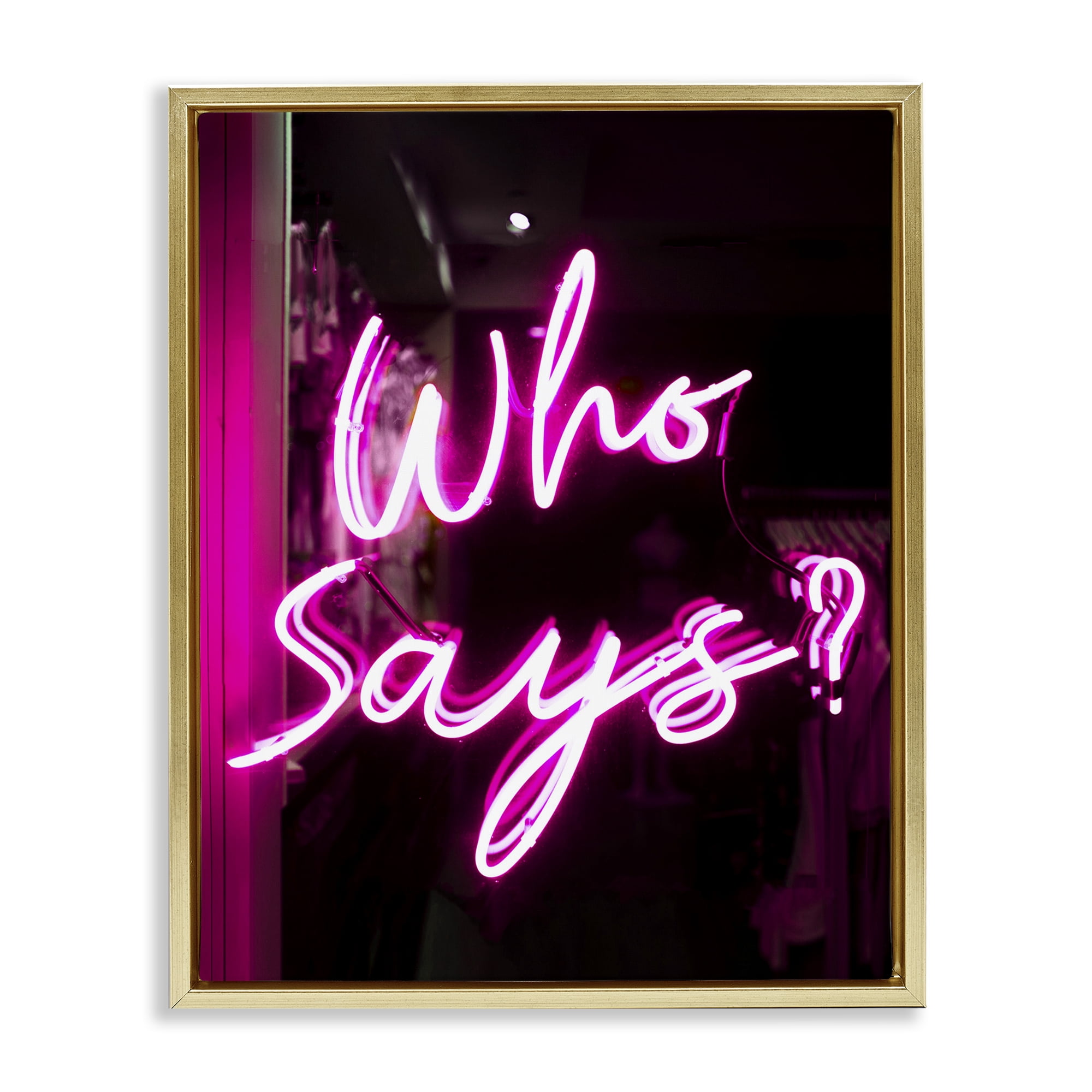 Stupell Industries Pink Neon Who Says Typography Painting Gold Floater Framed Art Print Wall Art, 25 x 31