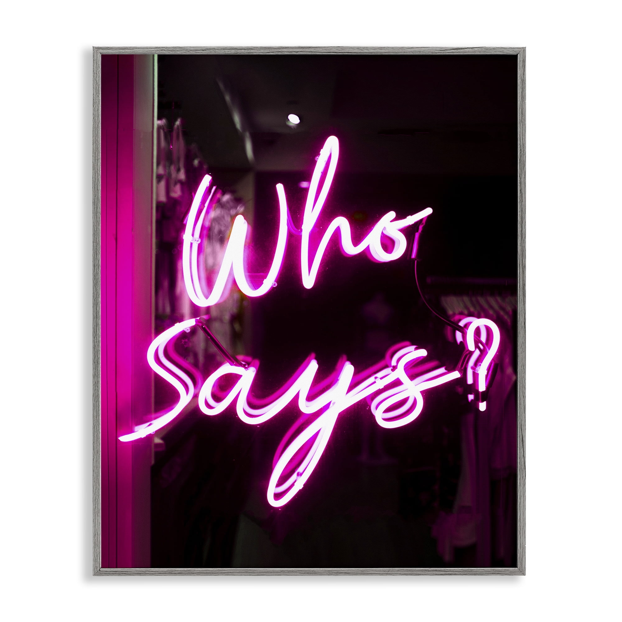 Stupell Industries Pink Neon Who Says Typography Painting Gray Framed Art Print Wall Art, 16 x 20