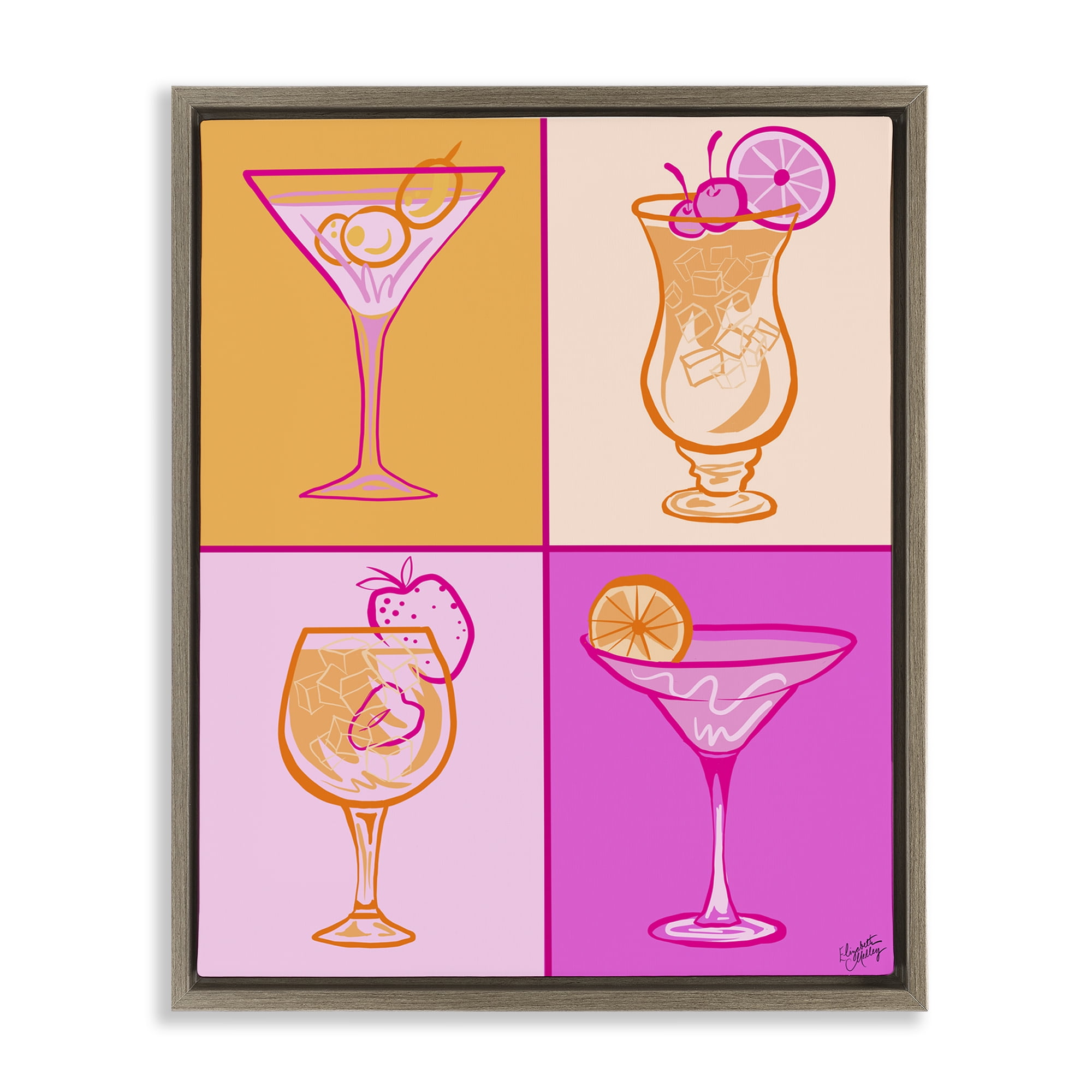 Stupell Industries Pink & Orange Cocktails Food & Beverage Painting Brown Floater Framed Canvas Art Print Wall Art, 17 x 21