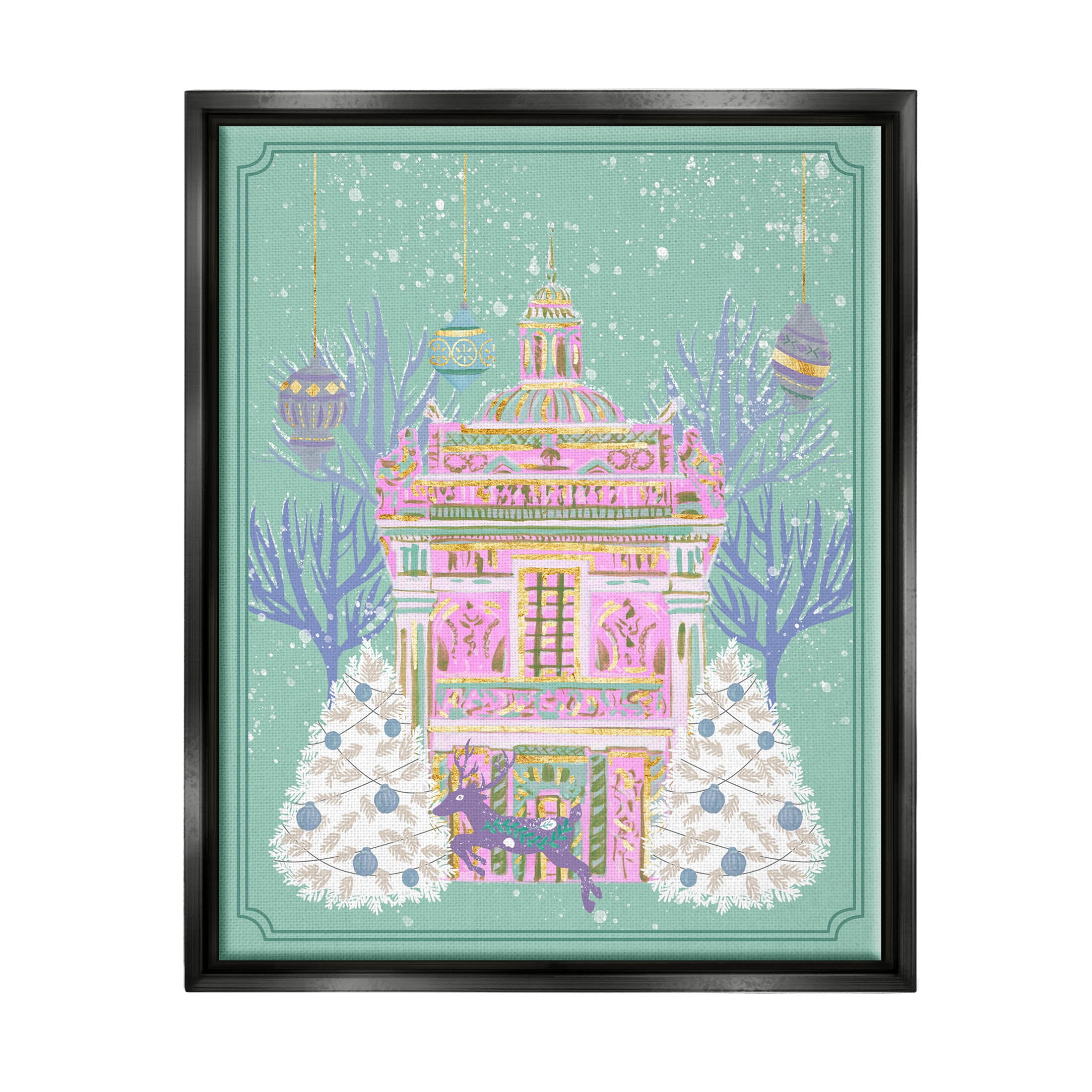 Stupell Industries Pink Ornate Christmas Building Graphic Art Jet Black Floating Framed Canvas Print Wall Art, Design by Melissa Wang