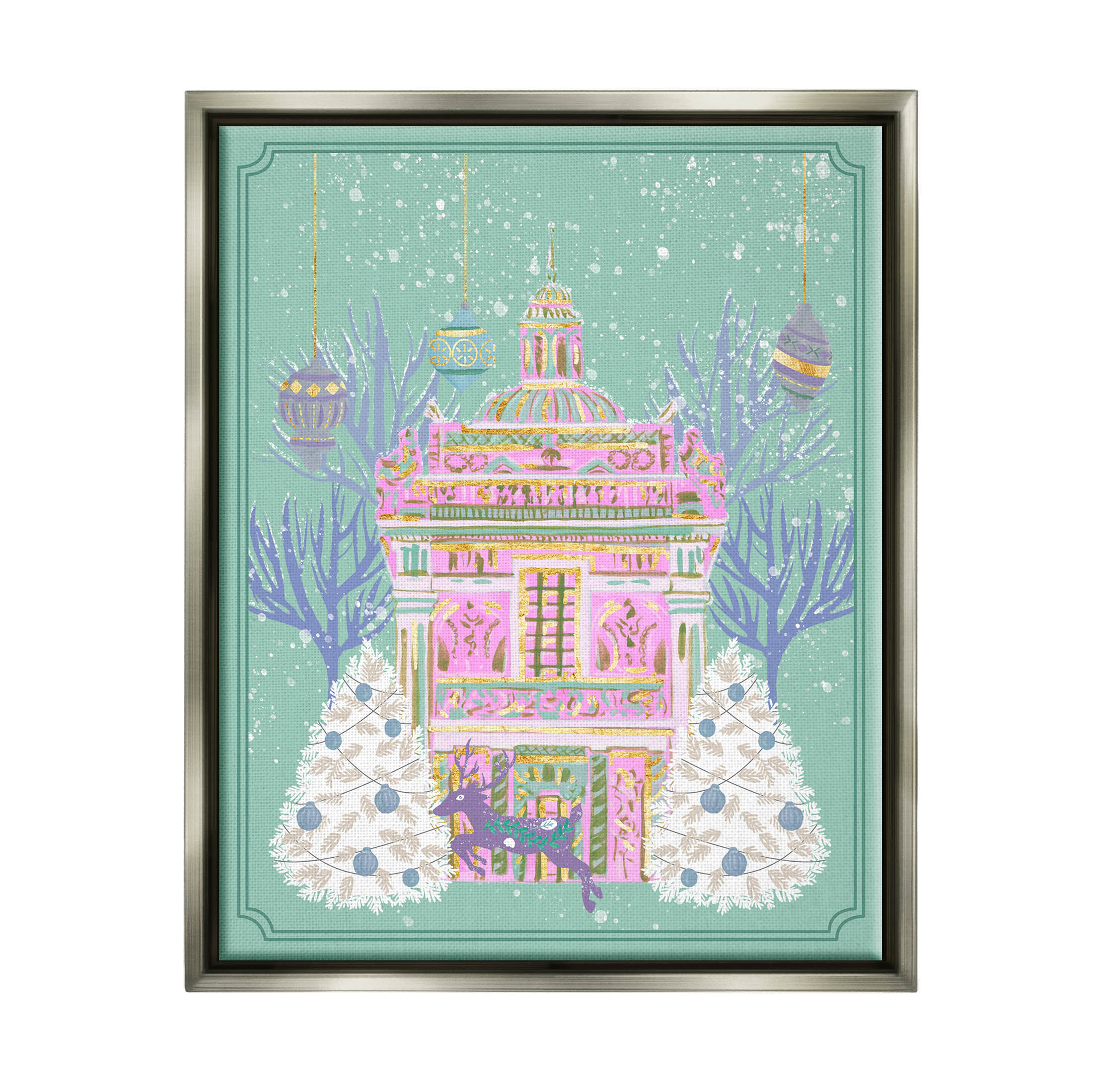 Stupell Industries Pink Ornate Christmas Building Graphic Art Luster Gray Floating Framed Canvas Print Wall Art, Design by Melissa Wang