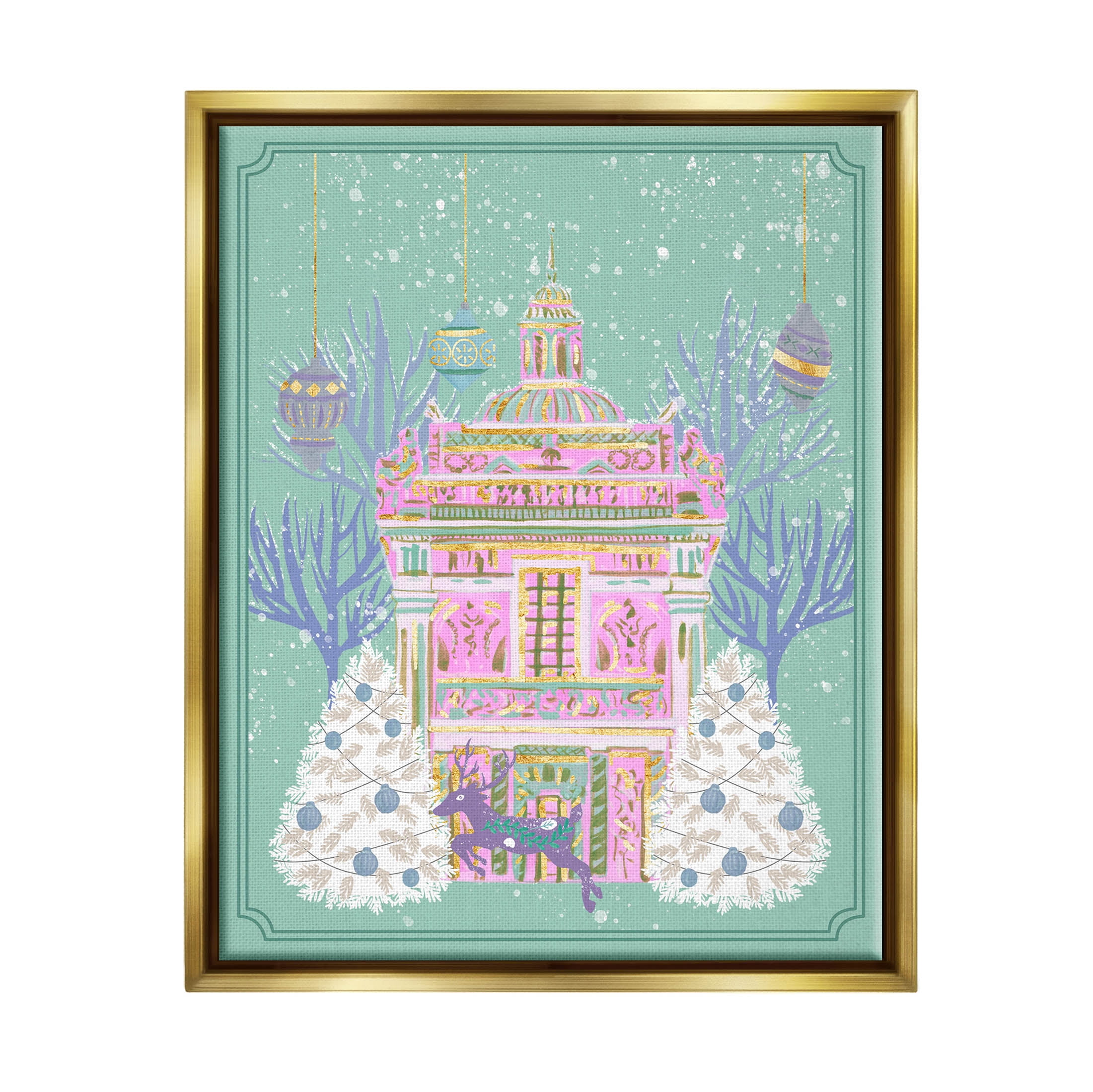 Stupell Industries Pink Ornate Christmas Building Graphic Art Metallic Gold Floating Framed Canvas Print Wall Art, Design by Melissa Wang