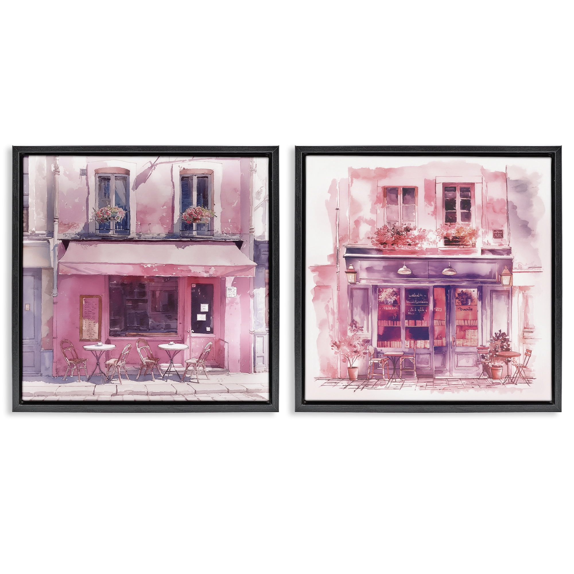 Stupell Industries Pink Outdoor Café Tables Buildings & Architecture Painting Black Floater Framed Canvas Art Print Wall Art, 25 x 25, Set of 2