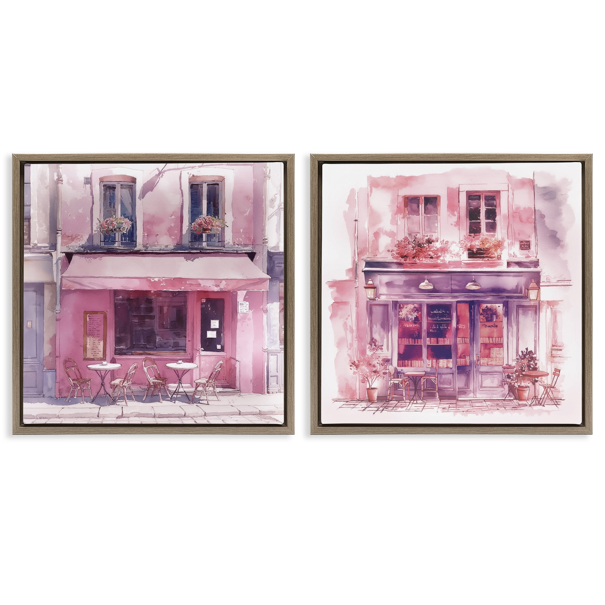 Stupell Industries Pink Outdoor Café Tables Buildings & Architecture Painting Brown Floater Framed Canvas Art Print Wall Art, 25 x 25, Set of 2