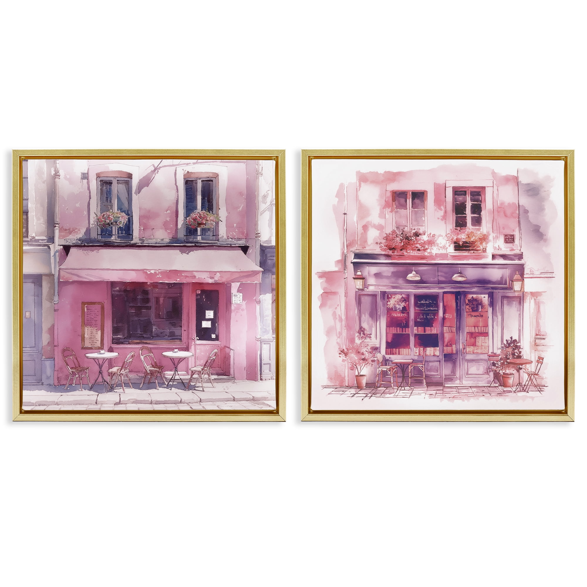 Stupell Industries Pink Outdoor Café Tables Buildings & Architecture Painting Gold Floater Framed Canvas Art Print Wall Art, 18 x 18, Set of 2