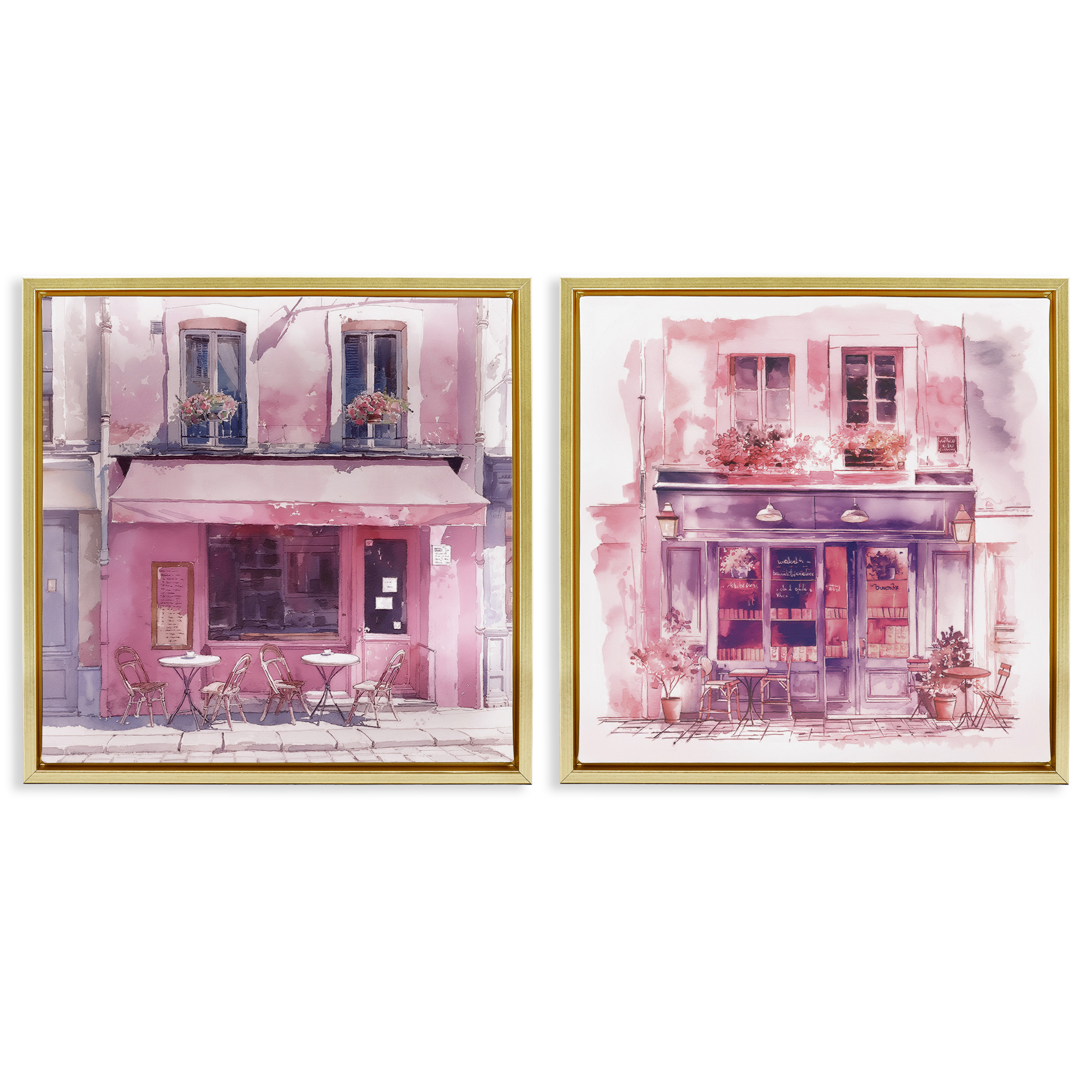 Stupell Industries Pink Outdoor Café Tables Buildings & Architecture Painting Gold Floater Framed Canvas Art Print Wall Art, 25 x 25, Set of 2