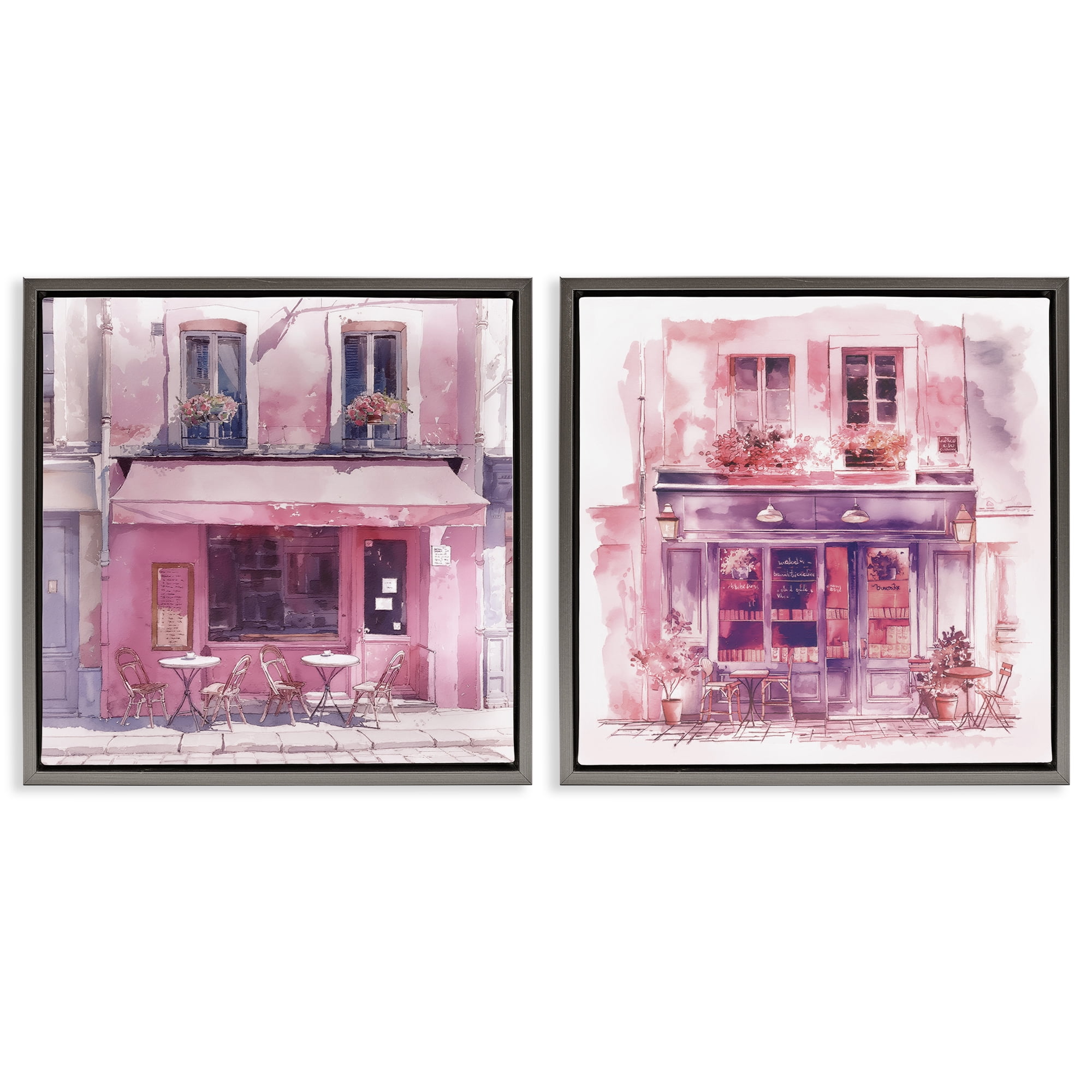 Stupell Industries Pink Outdoor Café Tables Buildings & Architecture Painting Gray Floater Framed Canvas Art Print Wall Art, 18 x 18, Set of 2
