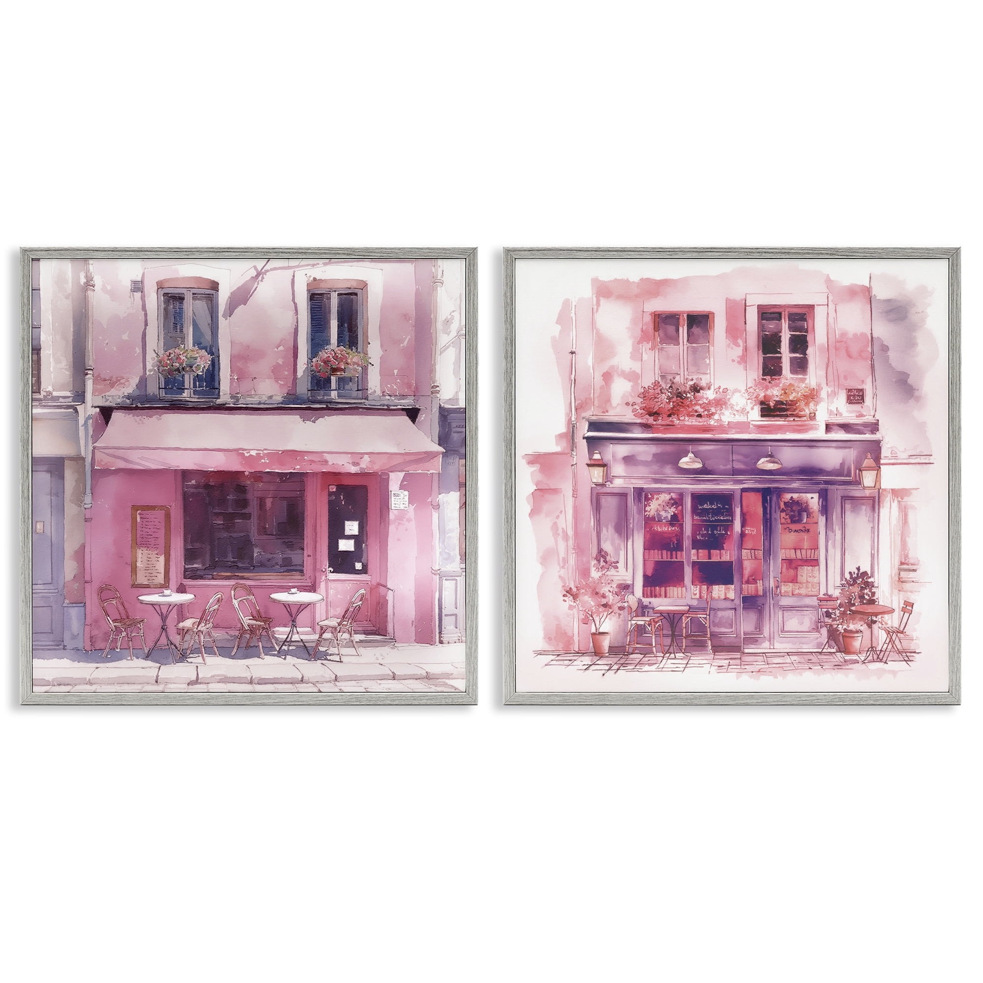 Stupell Industries Pink Outdoor Café Tables Buildings & Architecture Painting Gray Framed Art Print Wall Art, 24 x 24, Set of 2