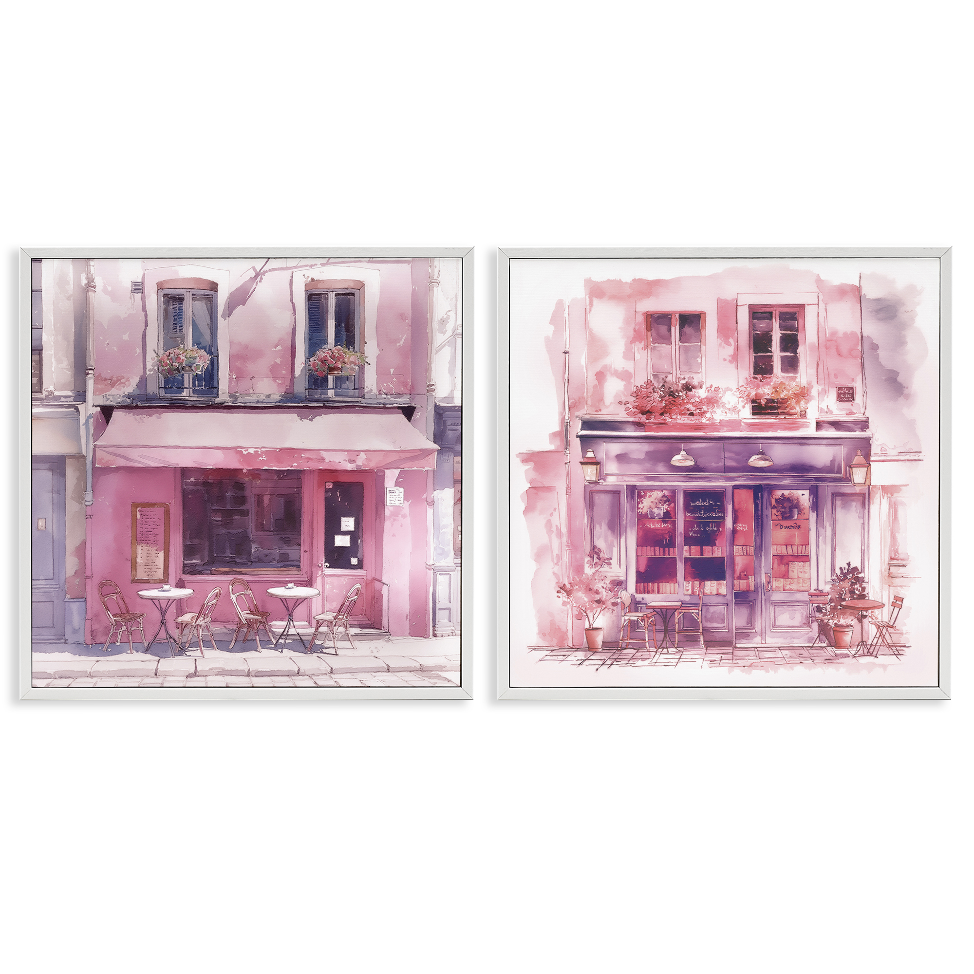 Stupell Industries Pink Outdoor Café Tables Buildings & Architecture Painting White Framed Art Print Wall Art, 17 x 17, Set of 2